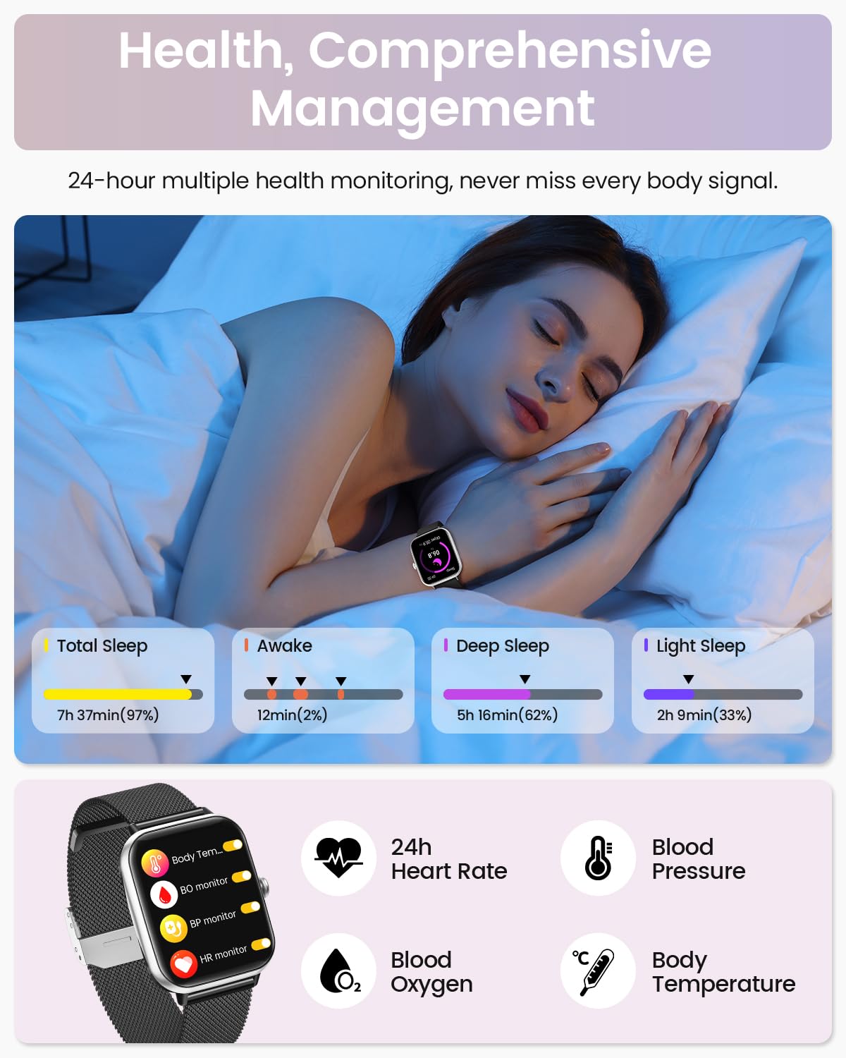AIMIUVEI 2024 Smartwatch Donna Chiamate Bluetooth 5.3, 1.83" Orologio Smartwatch con 3 Cinturini, 24H Cardiofrequenzimetro Ciclo Mestruale SpO2 Sonno IP68 20+modalità Sport per iOS Android argentonero