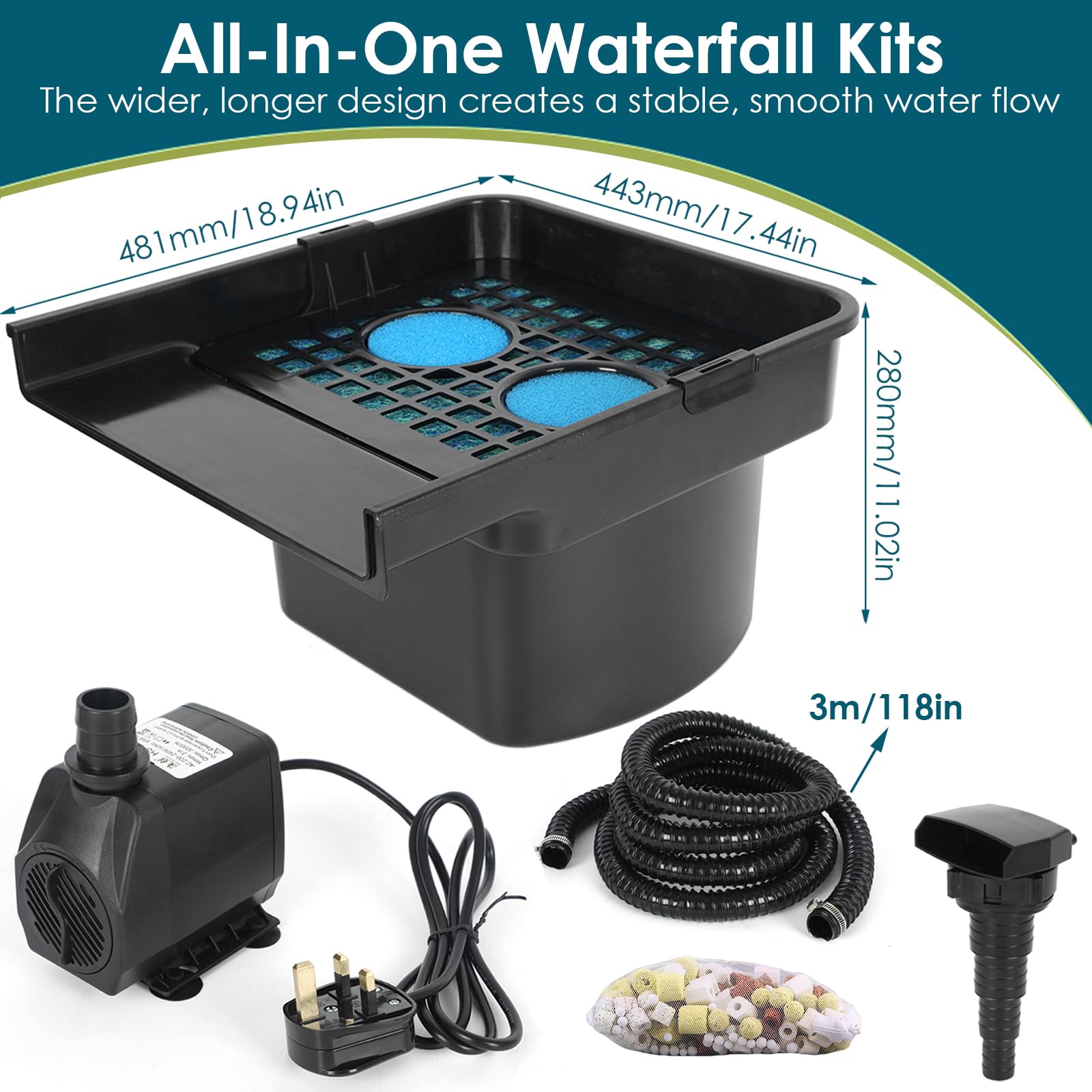 Kit completo per laghetto, cascata da giardino, 48 x 44 x 28 cm, kit completo con pompa e sistema di filtraggio, set per laghetto, piscina, patio, torrente