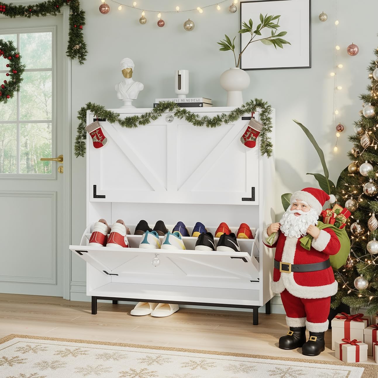 VOWNER Zapatero Entrada Recibidor, 2 Puertas, Zapatero Blanco, Particiones Ajustables, Madera, para Entrada Estrecha, con Patas de Acero, 80 x 24 x 92 cm, Pasillo