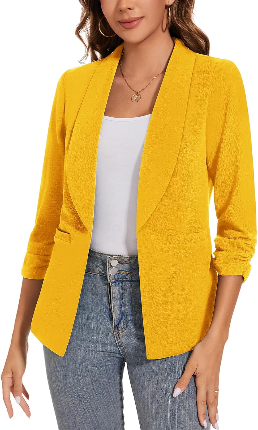 Women Casual Shawl Lapel Work Blazer Ruched 3/4 Sleeve Open Front Business Office Suit Jackets with Pockets