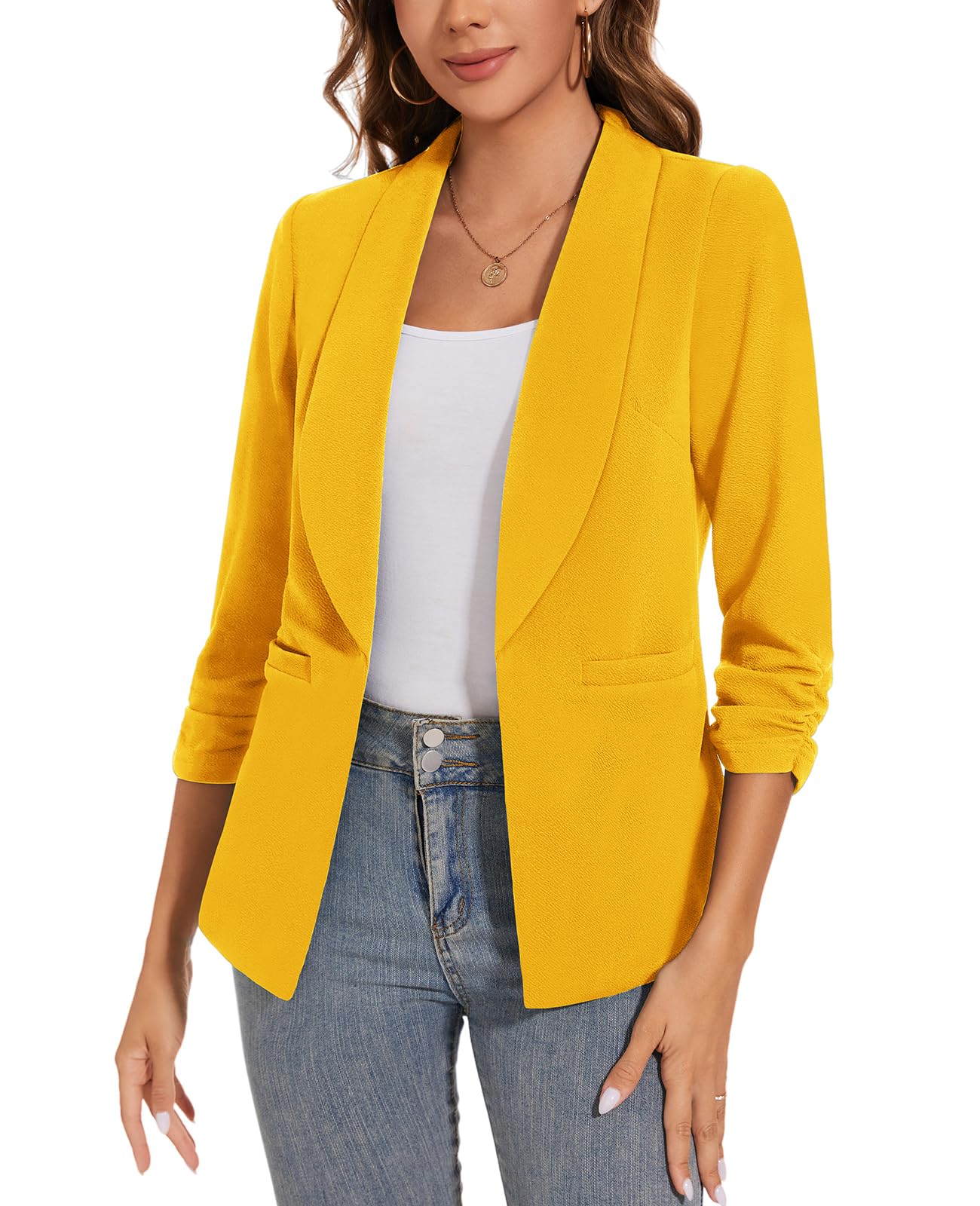 Women Casual Shawl Lapel Work Blazer Ruched 3 4 Sleeve Open Front Business Office Suit Jackets with Pockets