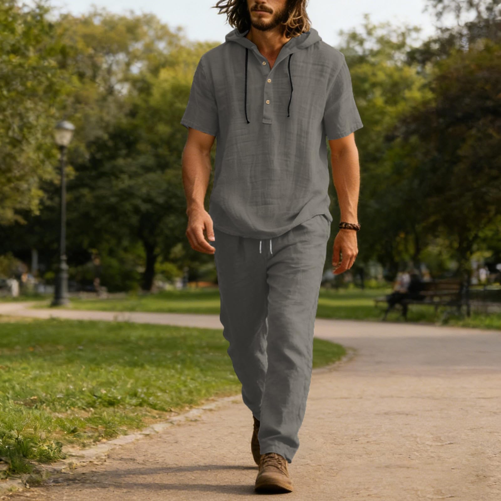 Completo di Lino Uomo Moda Tennis Tuta Estiva Felpa Maniche Corte e Pantaloni Coordinato Uomo