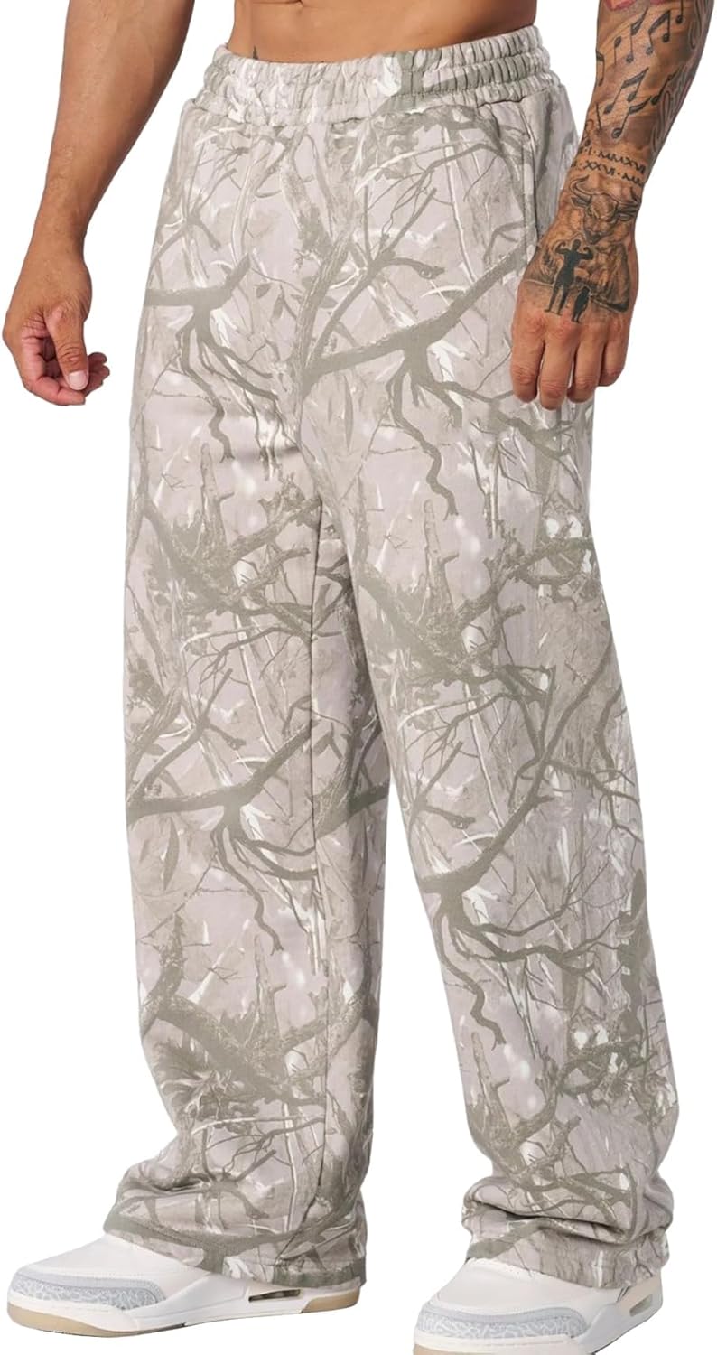 Mens Camo Graphic Leaf Print Baggy Sweatpants Joggers Casual Elastic Waist Wide Leg Trousers Y2K Streetwear Pants