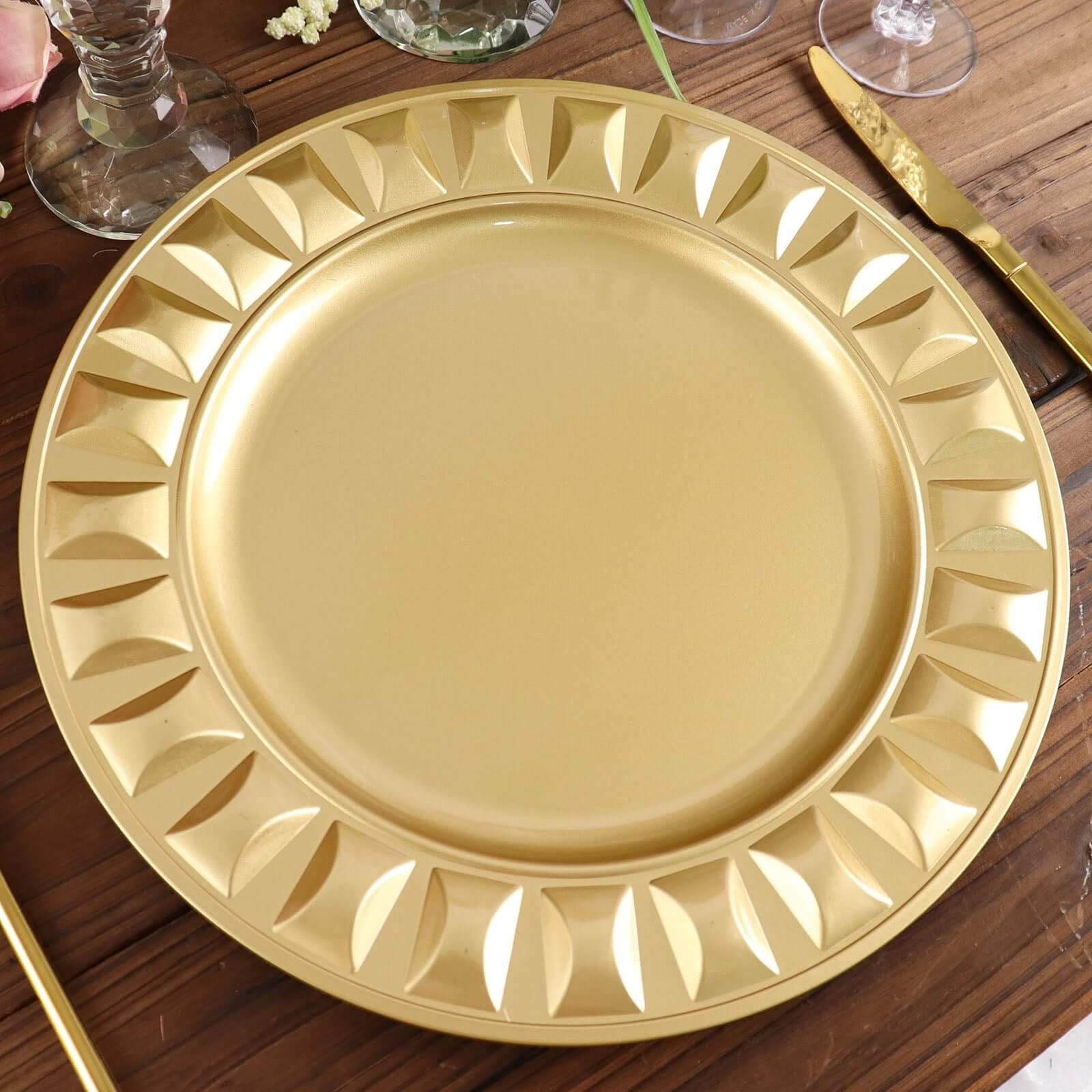 Efavormart 6 Pack | 13" Gold Round Bejeweled Rim Plastic Dinner Serving Trays, Disposable Charger Plates