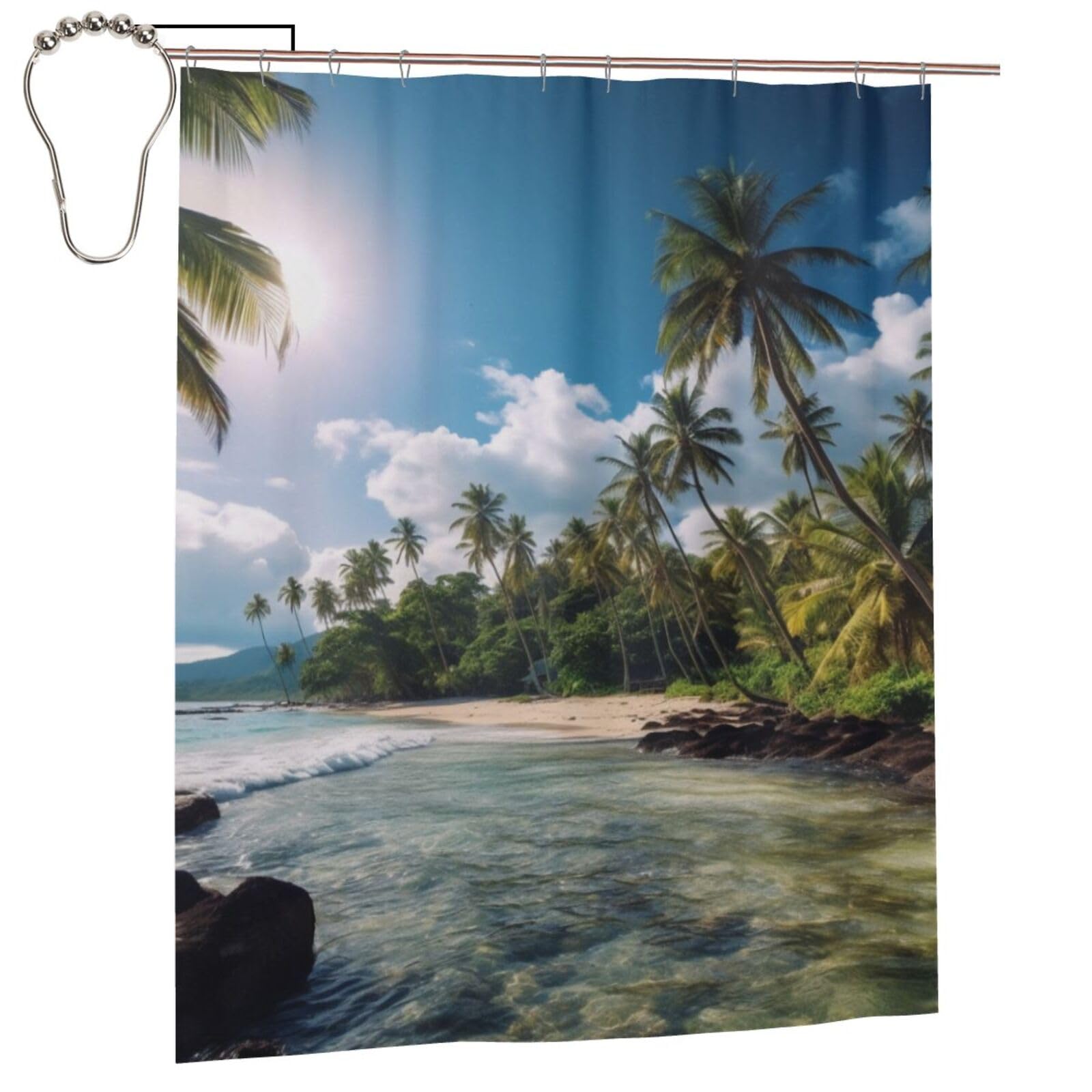 BWWHCCTI Sea_Tropical_Palm_Trees_Beach_Nature Printed Shower Curtain With 12 Iron Hooks Opaque Quick Drying Waterproof Shower Curtains Sets For Bathroom 152x183 Cm