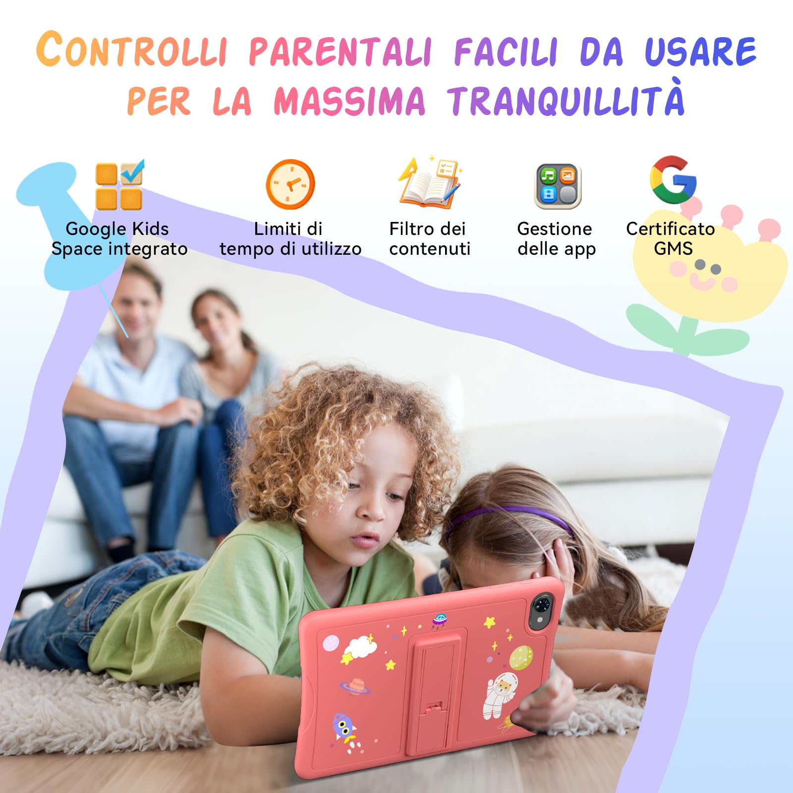 Tablet Bambini 10 Pollici, Android 16 Tablet per Bambini 3-12 Anni, 16GB RAM(4+12) + 64GB ROM, Controllo Genitori, GMS, 5000mAh, WiFi6, WidevineL1, con Custodia Anti-caduta e Penna, Garanzia di 4 anni