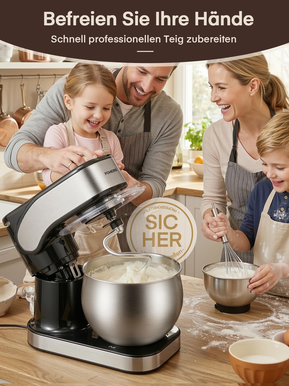 Küchenmaschine mit 5L + 3L Edelstahlschüsseln Dual-Schalen, Knetmaschine Mit Aufgewerteter Knethaken, 1300W Leistungsstarke Teigmaschine, 6+P Geschwindigkeiten, Knethaken, Rührbesen und Schneebesen