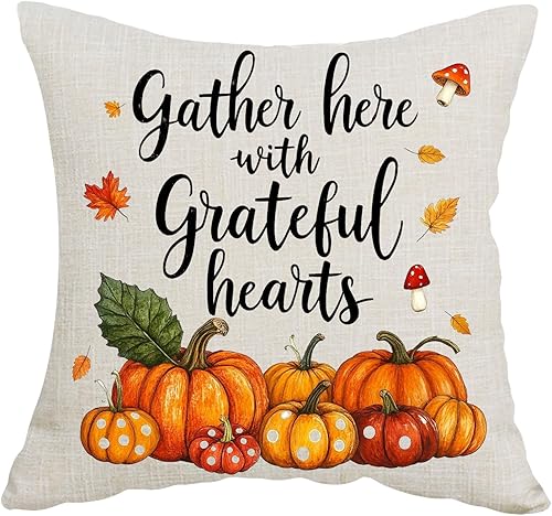 Funda de almohada decorativa para el día de Acción de Gracias, calabaza, naranja, con texto en inglés "Gather Here with Grateful Hearts", funda de