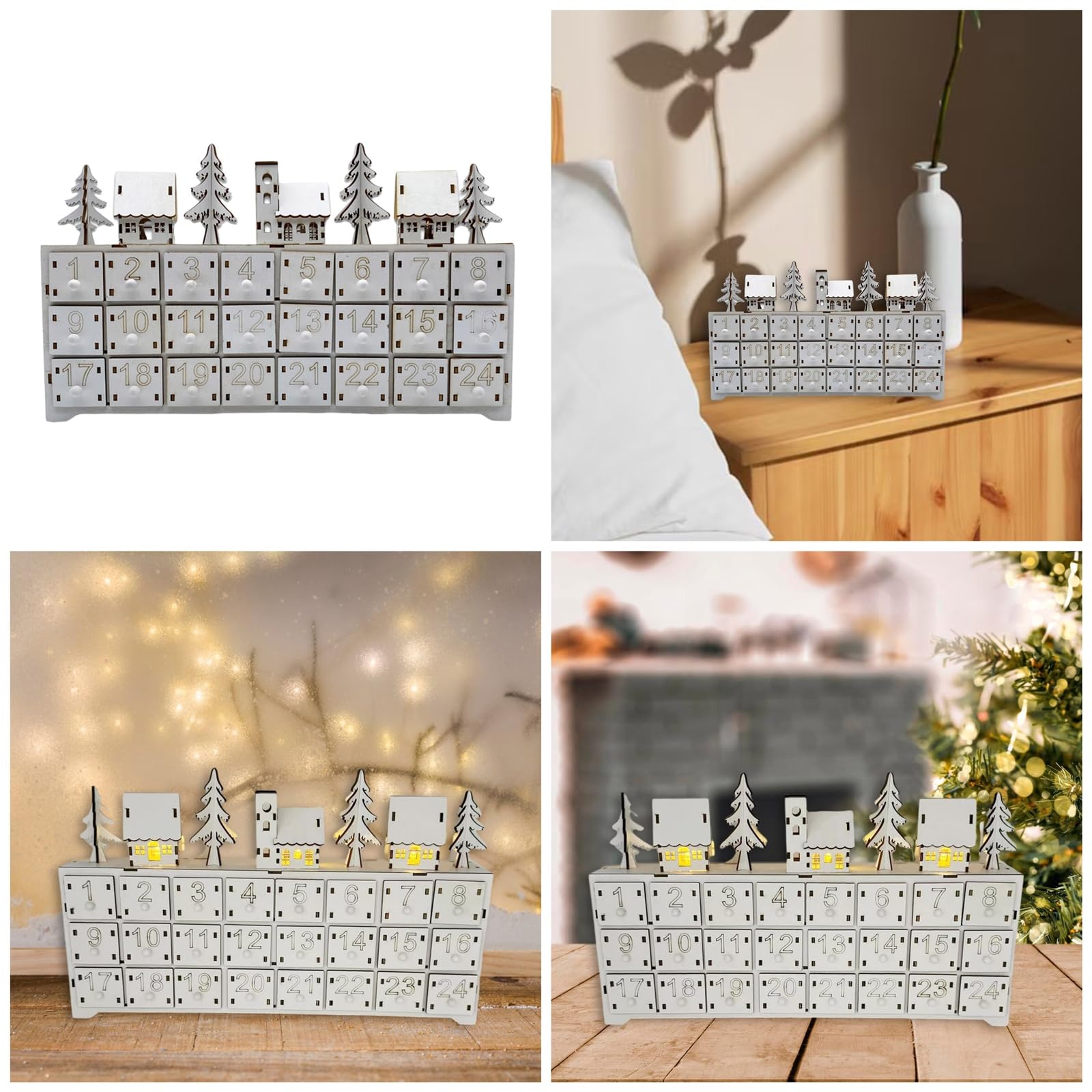 Holz LED Beleuchteter Adventskalender mit 24 Schubladen Countdown Kalender Desktop Dekoration Einzigartige Weihnachtsfeiertage