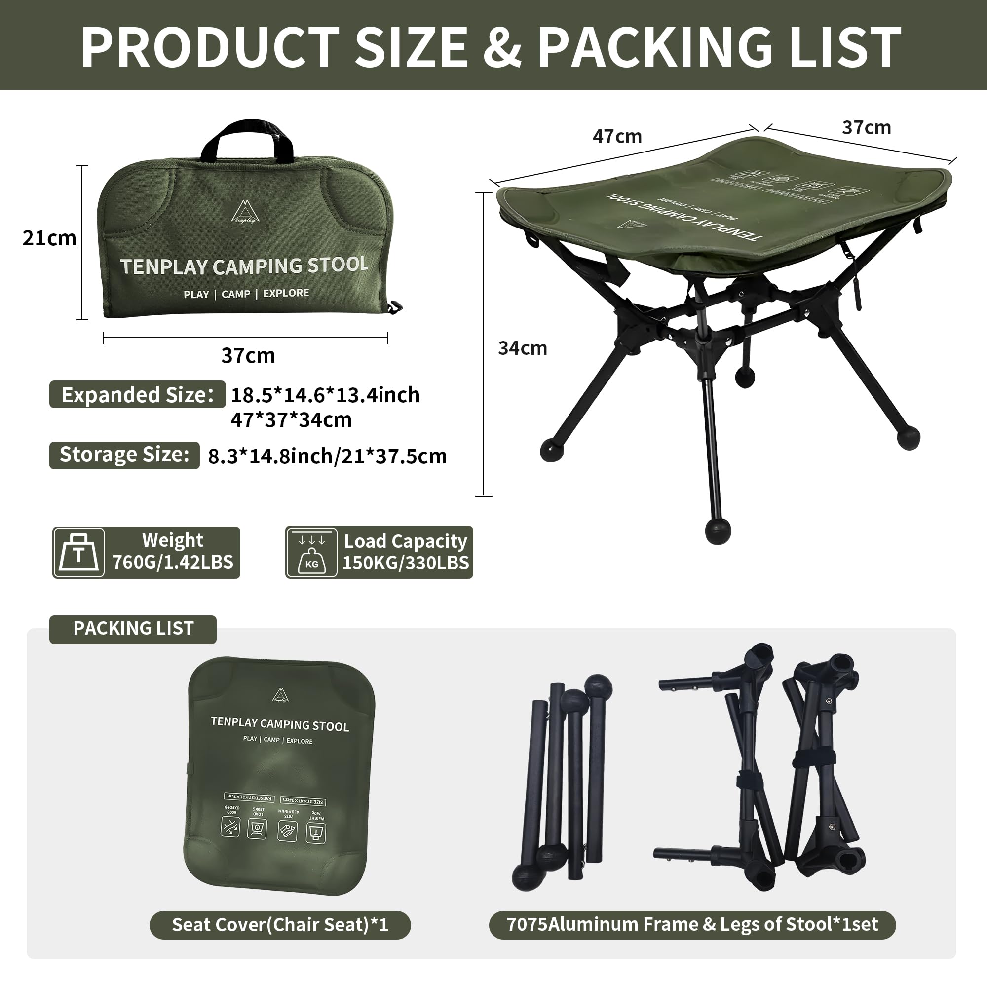 TENPLAY Tabouret de camping ultra léger de 0,76 kg, robuste capacité de 150 kg, tabouret pliable avec sac de transport, tissu Oxford 600D et aluminium, repose-pieds antidérapant pour extérieur