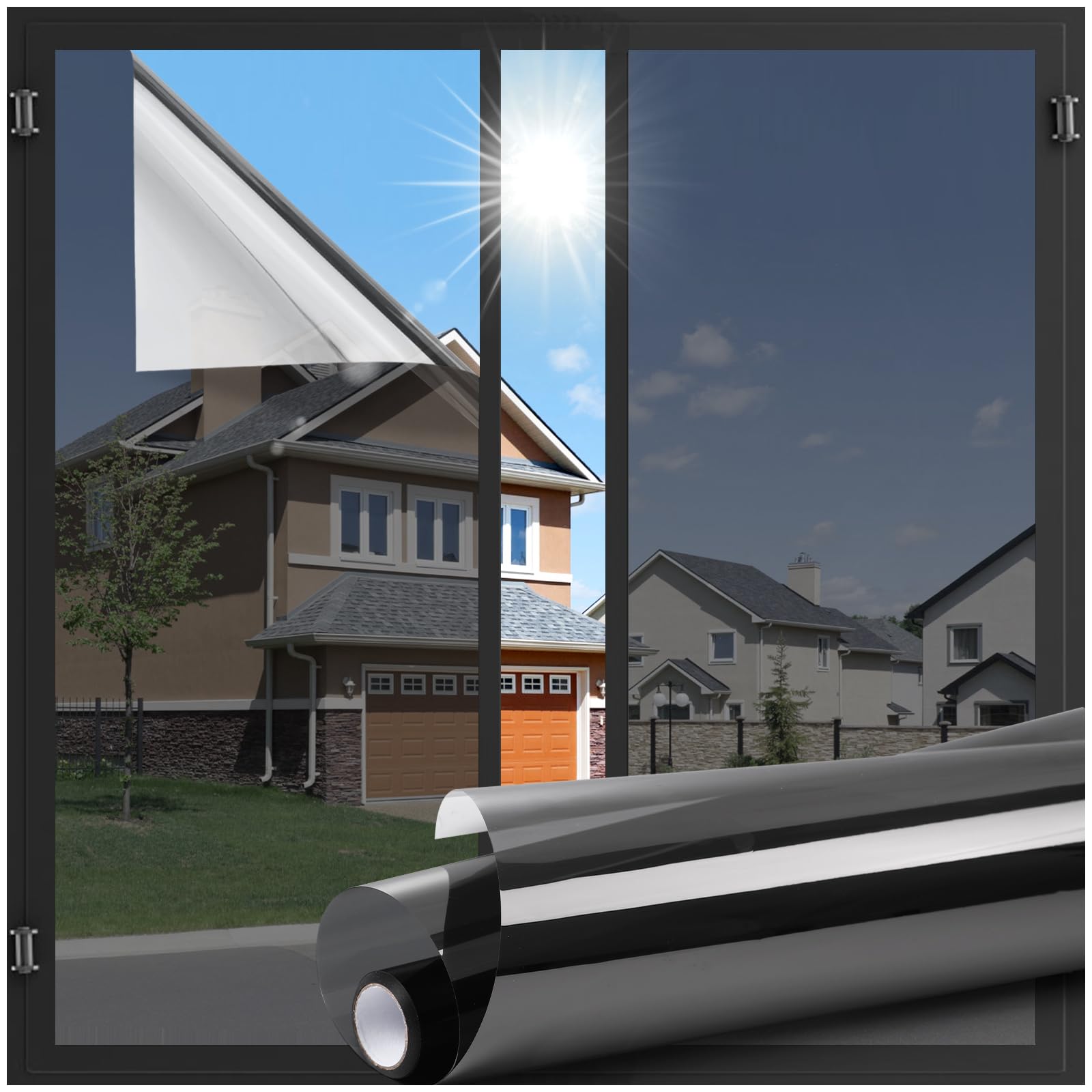 lute one way window privacy film, window tint for home, sun blocking uv heat blocker, see out not in reflective mirror film, removable static cling glass door cover, black silver, 35.4" x 78.7"