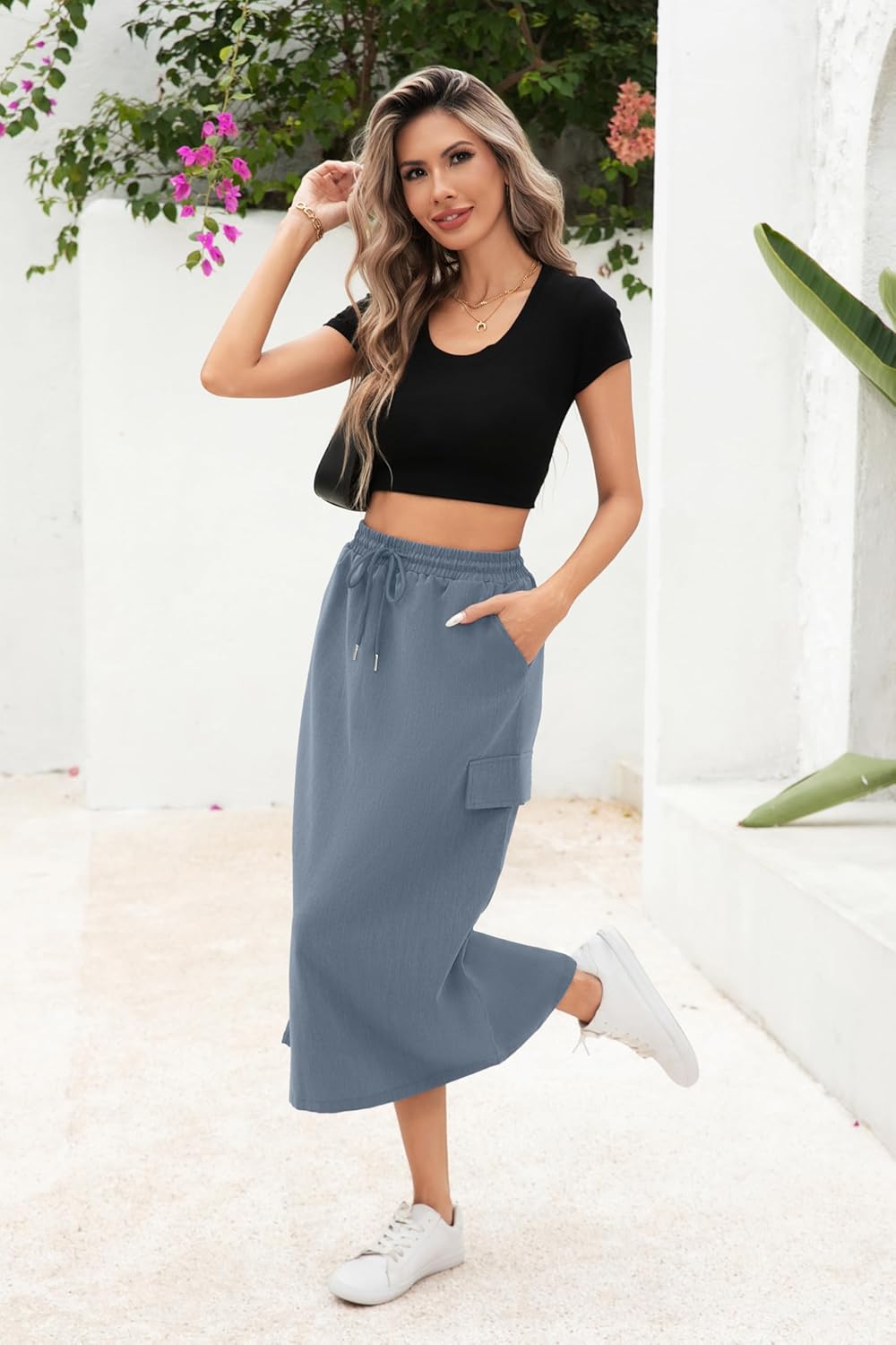 Women's Midi Cargo Skirt High Waist Drawstring Summer Slit Dressy Casual Skirts with Pockets - Image 3