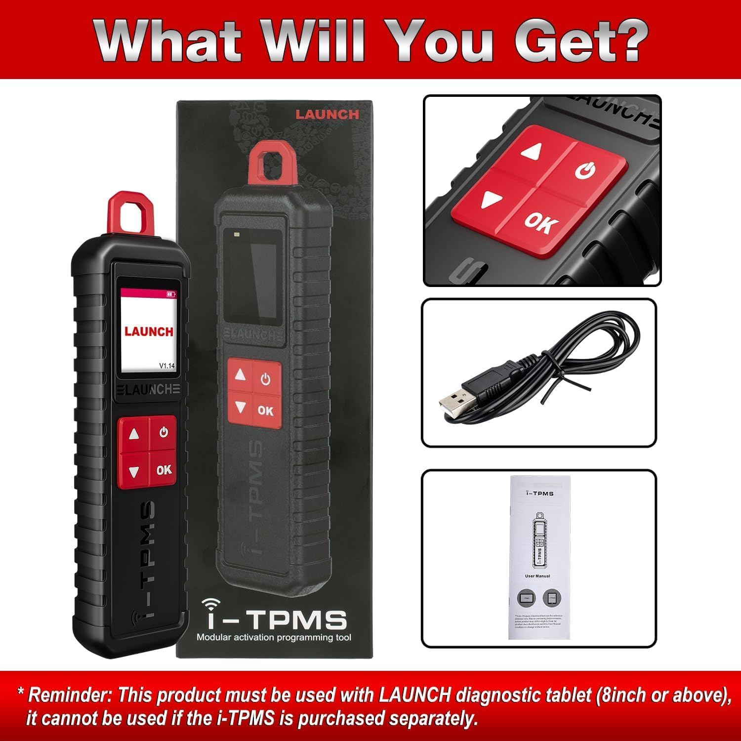 Image showing the contents of the product package: LAUNCH X-431 i-TPMS device, USB charging cable, and a user manual.