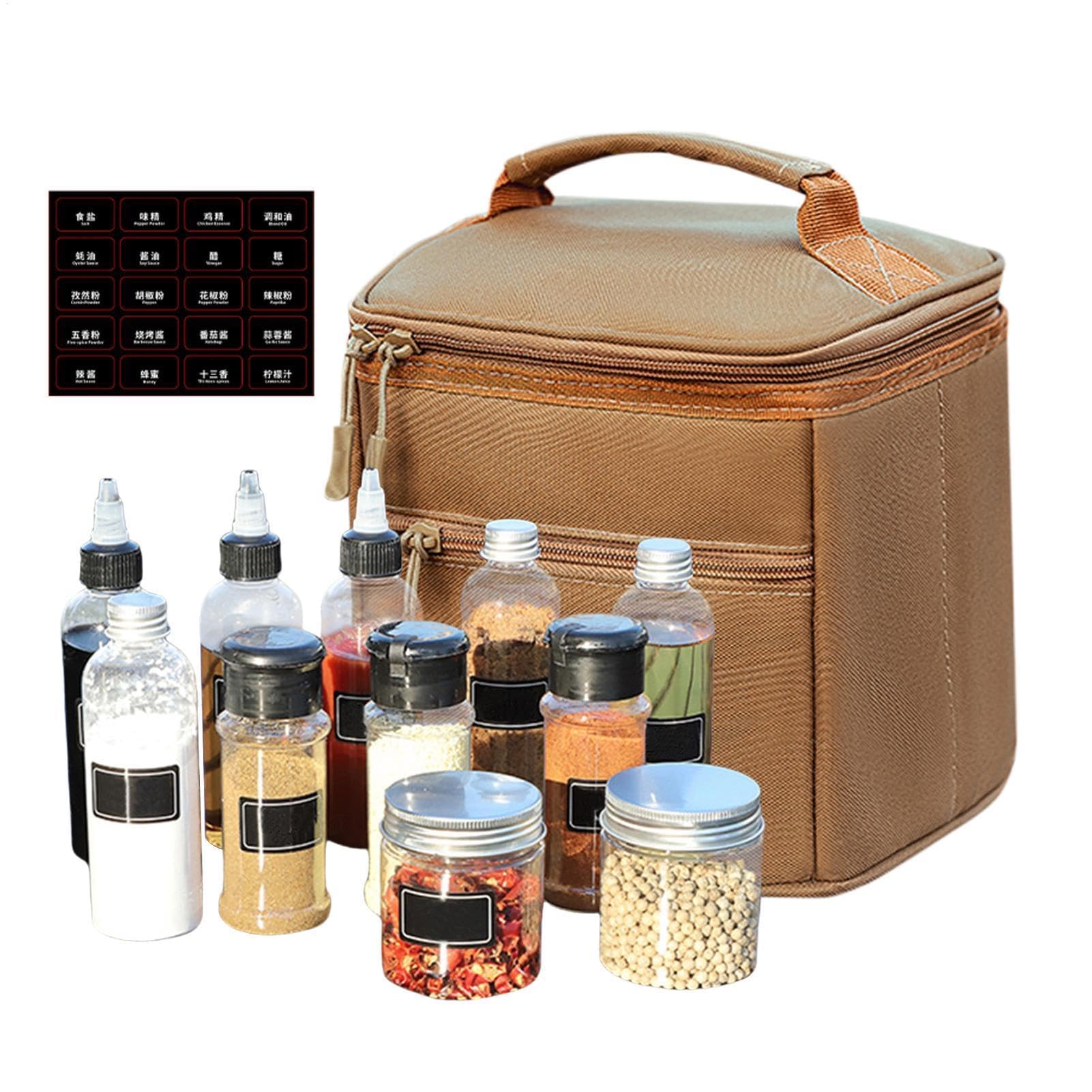 Kit de especias para camping, tarros de condimentos portátiles con bolsa de almacenamiento para picnics, barbacoas y senderismo. Solución práctica de almacenamiento de alimentos, incluye múltiples