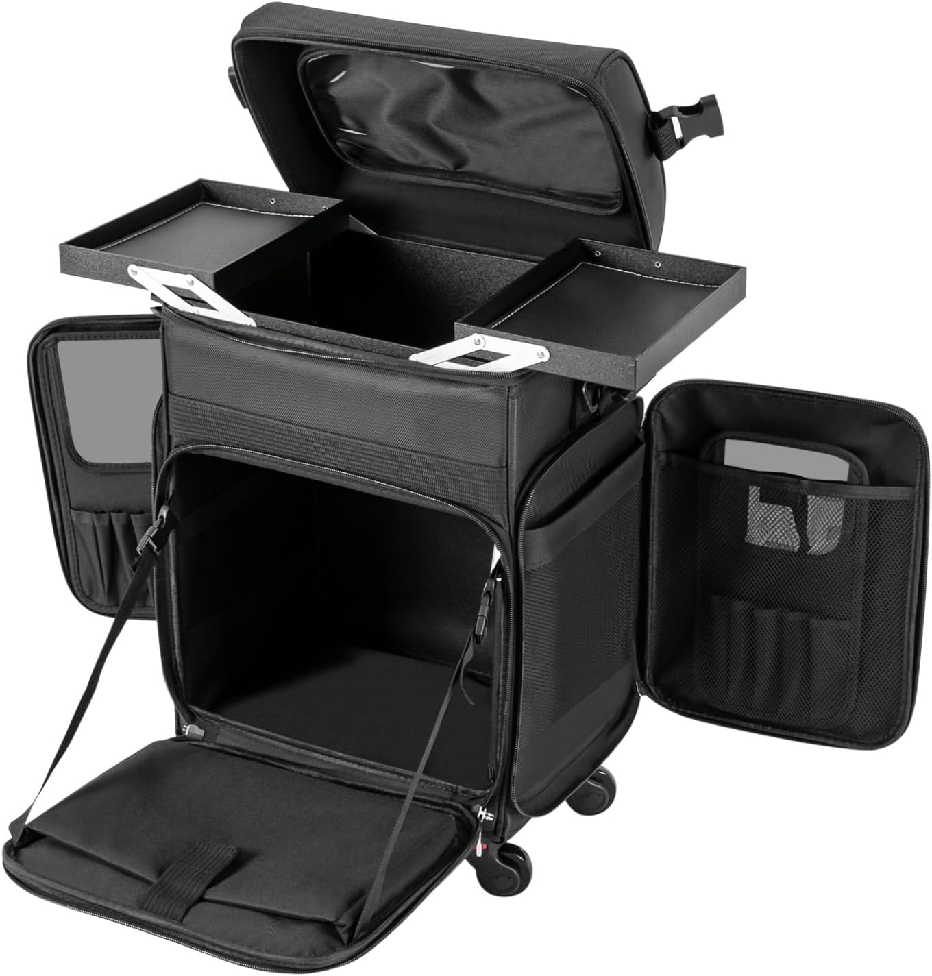 Rolling Makeup Train Case, Cosmetic Storage Organizer, Professional Soft Sided Makeup Case Trolley, Travel Cosmetic Organizer(14.17 * 10.24 * 18.9in,Black)
