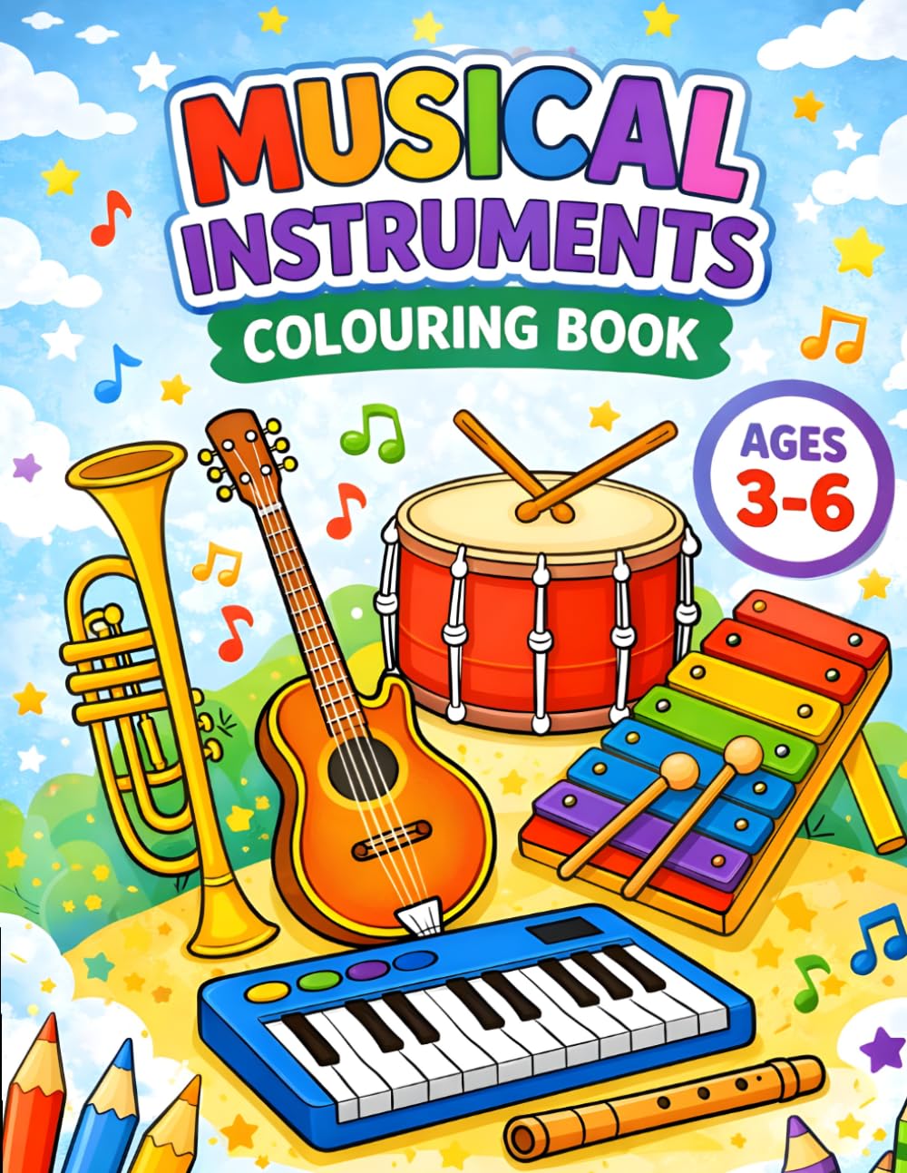 Musical Instruments Colouring Book: Fun & Easy Coloring Pages for Ages 3–6 | Learn Instruments While Coloring | Piano, Guitar, Drum & More