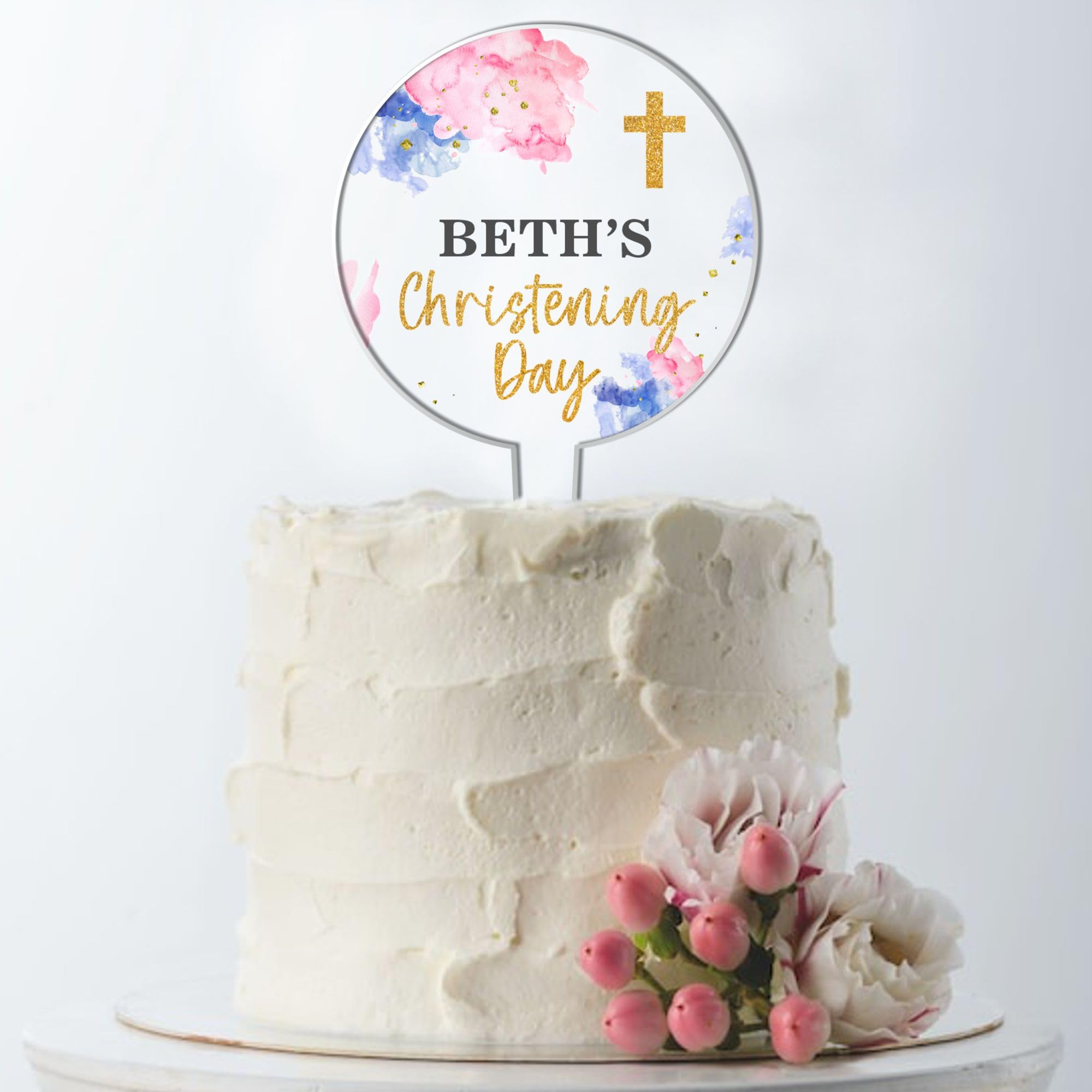 Personalised Religious Cake Topper – Custom Name & Occasion – Christening, Communion or Confirmation – Acrylic Watercolour Design with Cross Cake Decoration (Christening, Pink & Blue)