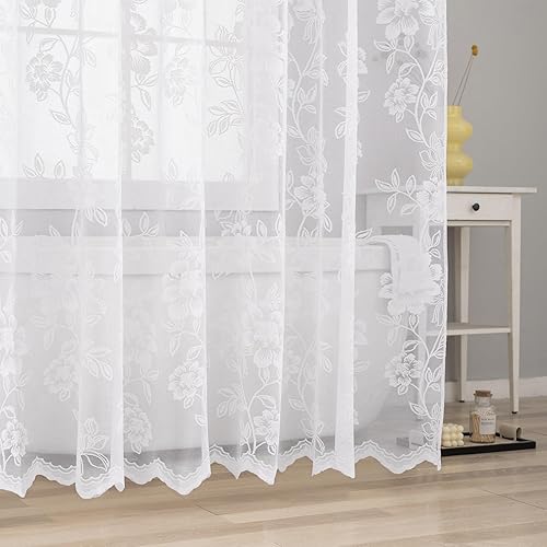 Miniatura 5 de FINECITY Cortina de ducha de encaje pequeño blanco, 1 panel, 36 pulgadas de ancho x 72 pulgadas de largo, cortina de encaje transparente con patrón