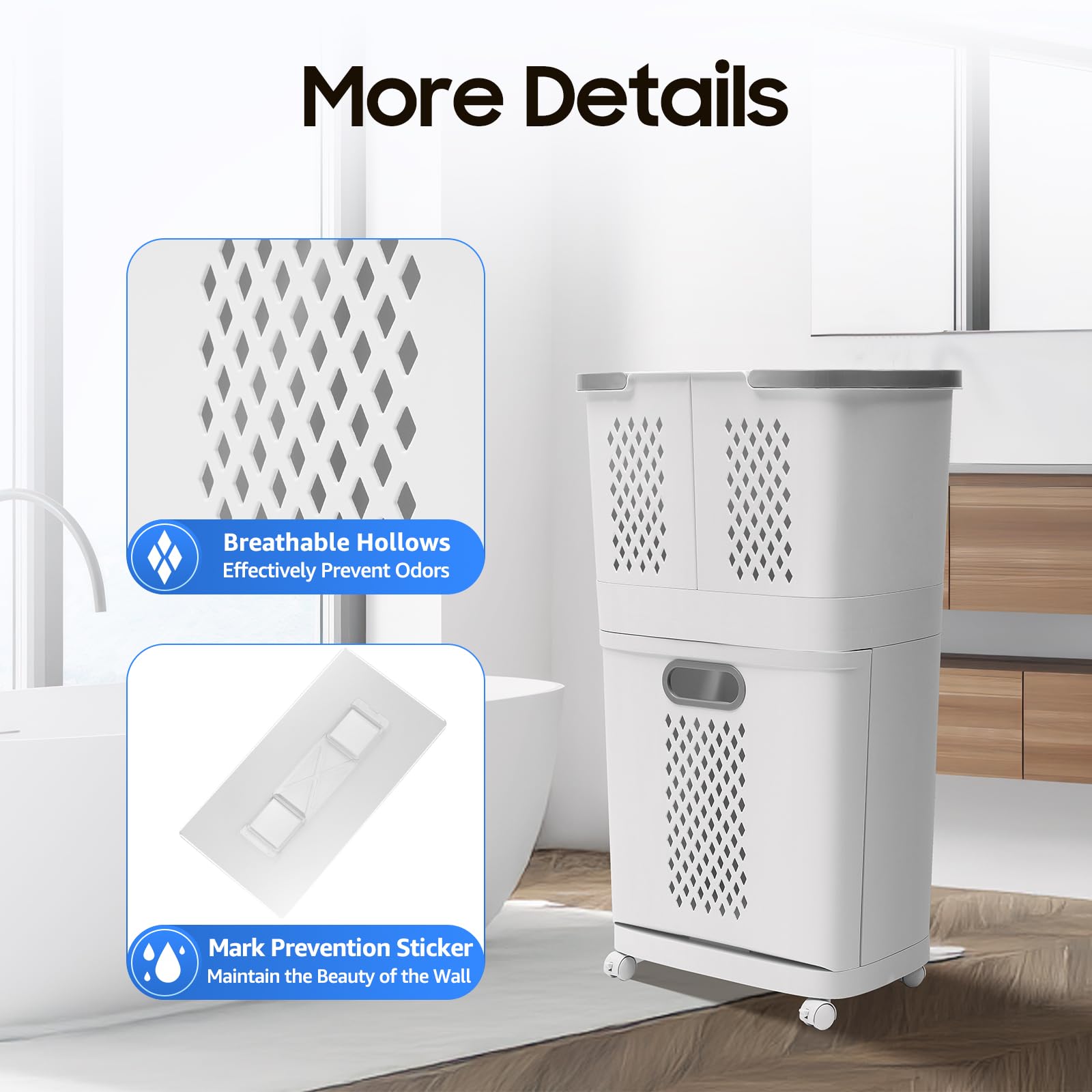 SNKOURIN 3 Tier Laundry Hamper Basket Sorter, Floor-Standing 360° Rolling Large Laundry Basket, Stackable Storage Bins Open Front, Dirty Clothes Hamper, Plastic Laundry Room Organization