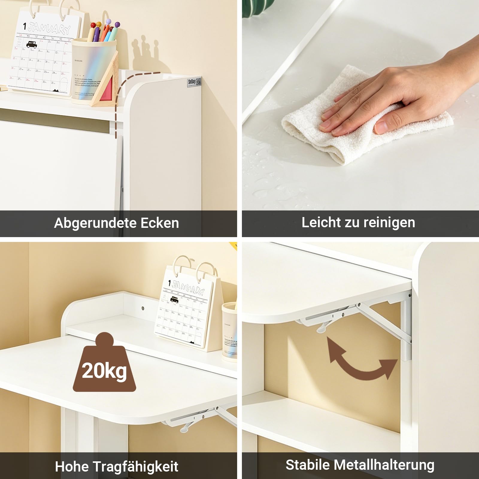SoBuy Schreibtisch Klappbar mit 3 Ablagen Platzsparend 64x82x58cm Büro | Kleiner Schreibtisch mit Regal, Klapptisch mit 3 Ablagen für Platzsparendes Arbeiten, Wandtisch Weiß, FWT92-W