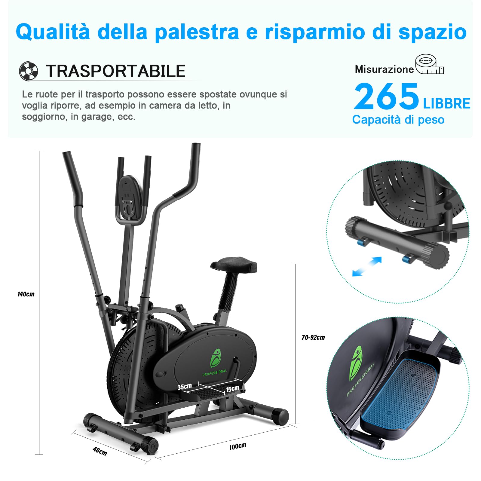 Ellittiche Per La Casa, 2 in 1 Cross Trainer Ellittico Ergonomico Con Sedile e Resistenza Regolabili, Display LCD, Pedale Antiscivolo, Capacità Di Carico 265 LBS Salvaspazio