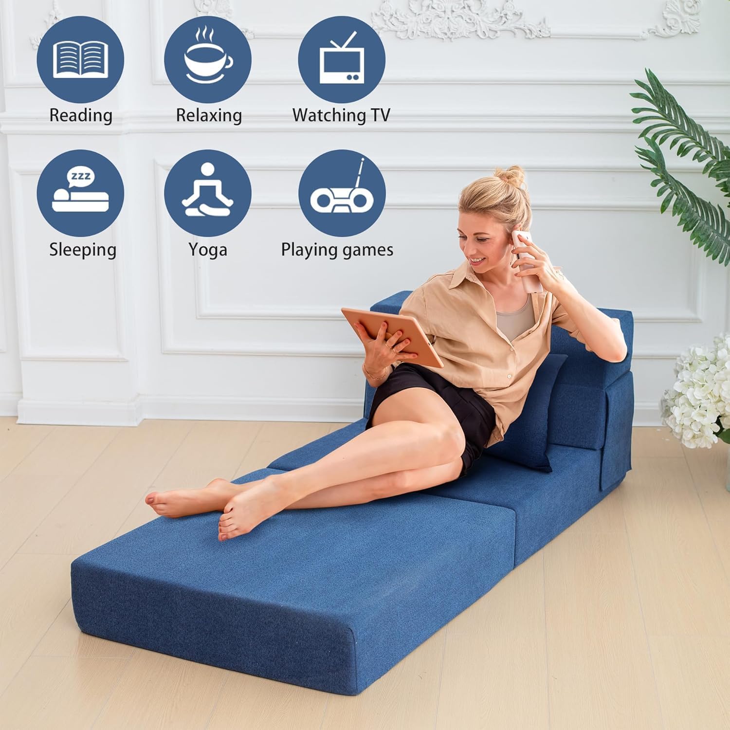 Garvee Faltbare Gästematratze 183x71x15cm Navyblau - 4-Fach Klappbare Klappmatratze mit Cord-Bezug - Platzsparendes Schlafsofa & Gästebett - Faltmatratze für Erwachsene & Kinder im Gästezimmer