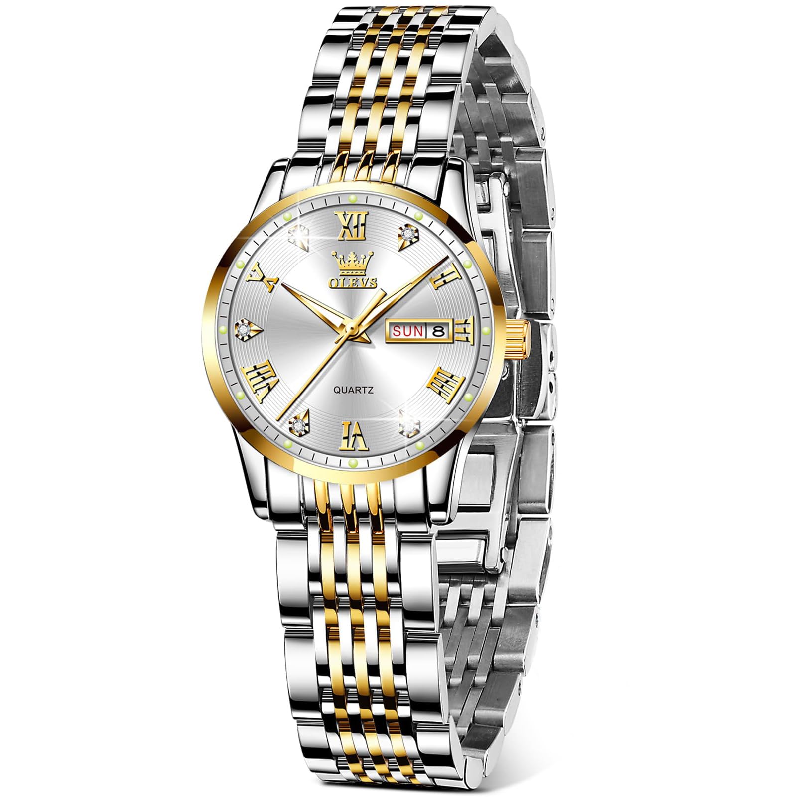 OLEVS Edelstahl Damenuhr - Stylish Analog Kleine Gesicht Armbanduhr, Leuchtend Wasserdicht, Elegante Diamant Römische Arabische Ziffern Uhr Mit Datum