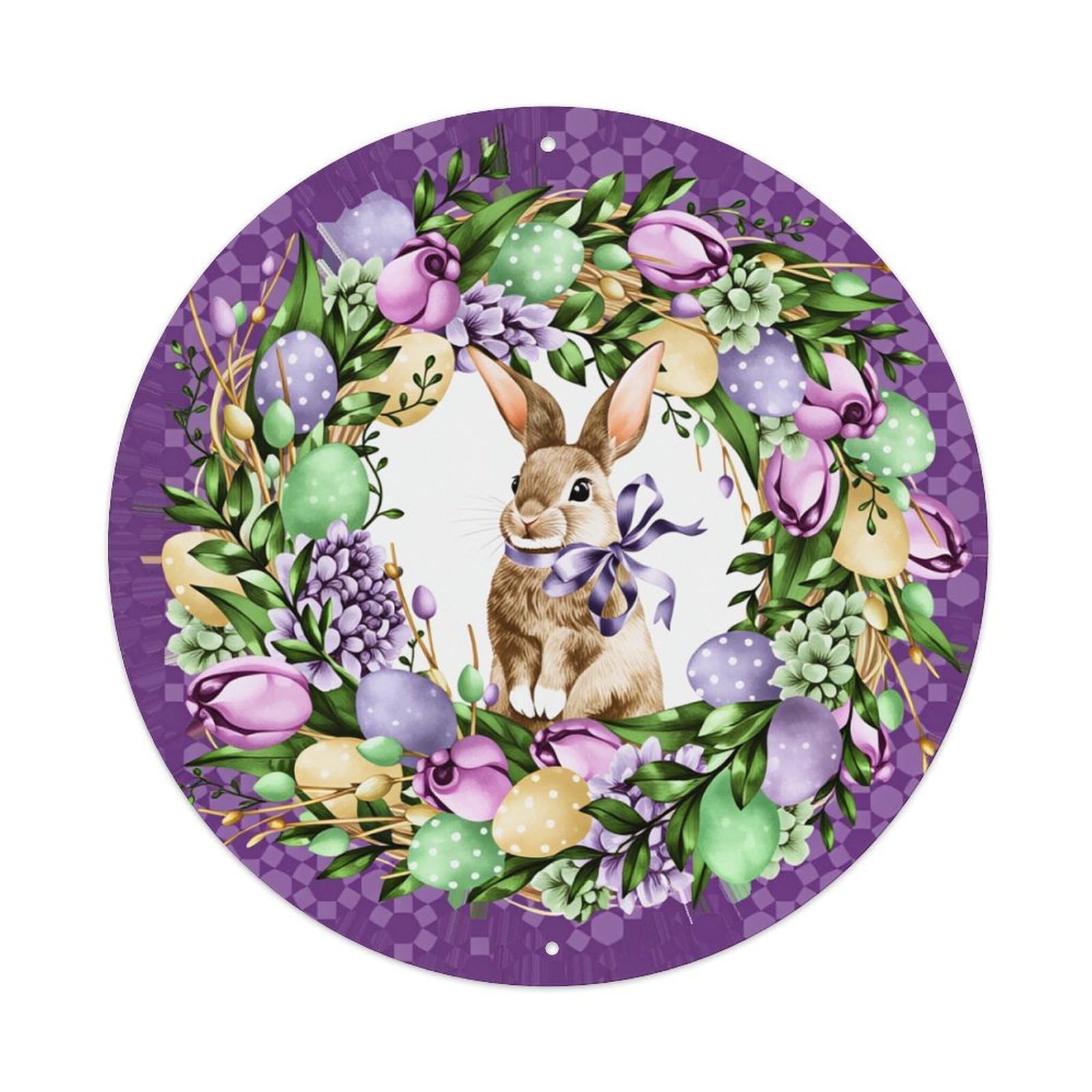Easter Bunny Floral Wreath Pattern Round Tin Sign Retro Metal Sign for Cafe Bar Pub Home Game Room Gym Club Wall Decoration Vintage Metal Poster 8x8 Inch
