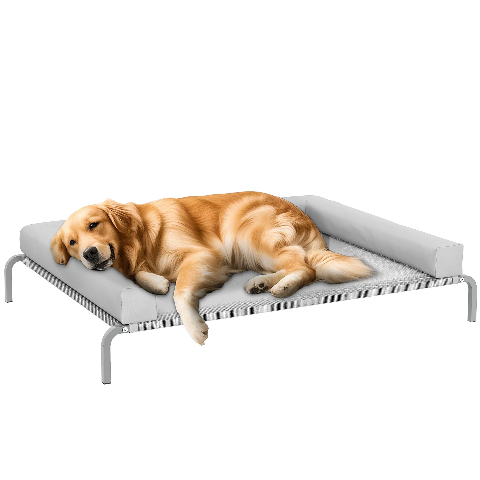 PawHut Cooling Raised Dog Bed with Removable Gussets Raised Bed for Large Dogs Portable with Breathable Mesh Steel Frame for Indoor Outdoor 130x90x30cm Light Grey