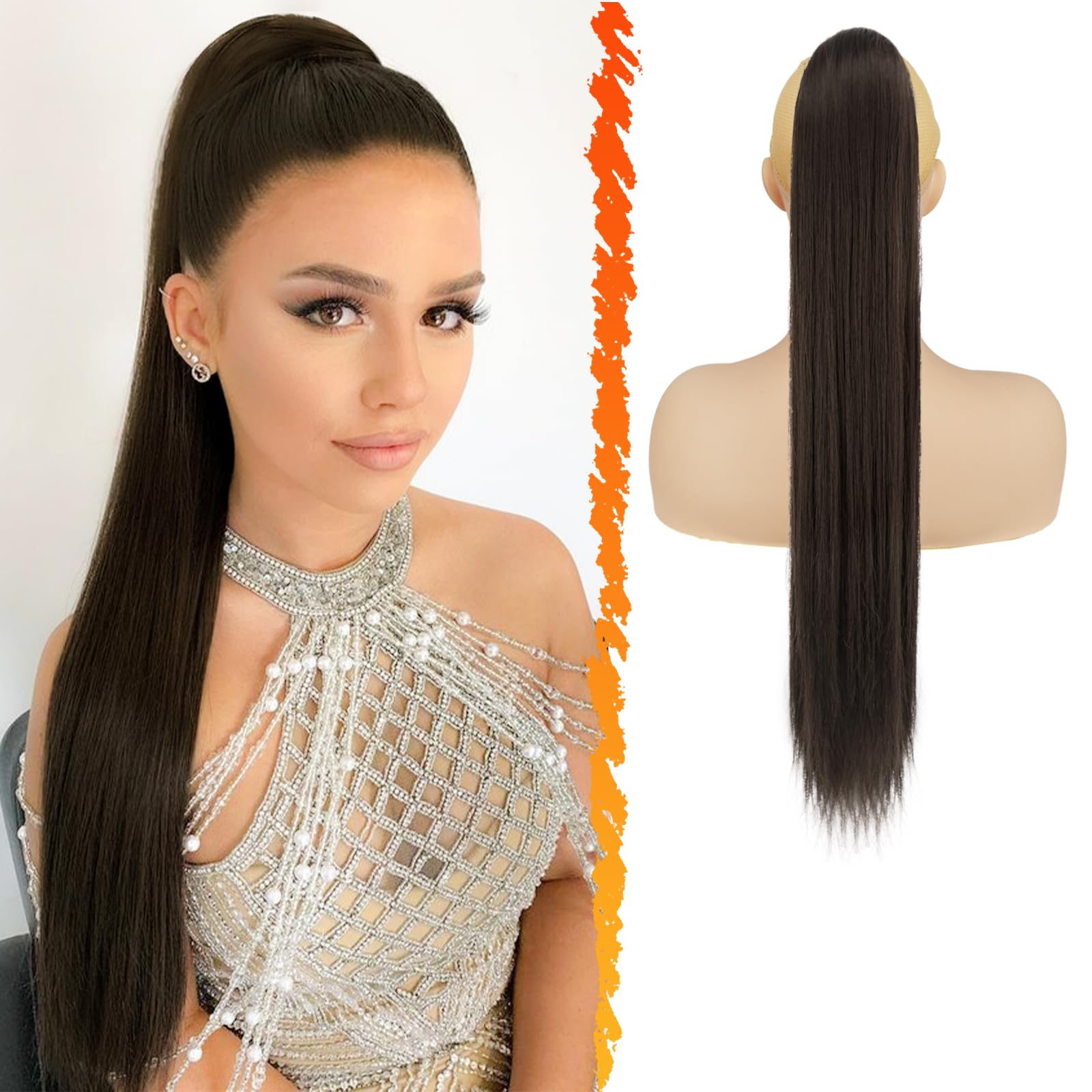 BARSDAR Marrone Coda Capelli Extension, 66cm Lunga Lisci Coda di Cavallo Extension con Coulisse Sintetici Clip in Ponytail Extensions Finta Pony Tails Posticci per Donne Quotidiano - Marrone Scuro