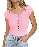 Womens Tank Top Cap Sleeve Ribbed Shirts 2025 Henley Basic Fitted Tshirt Button Slim Tee