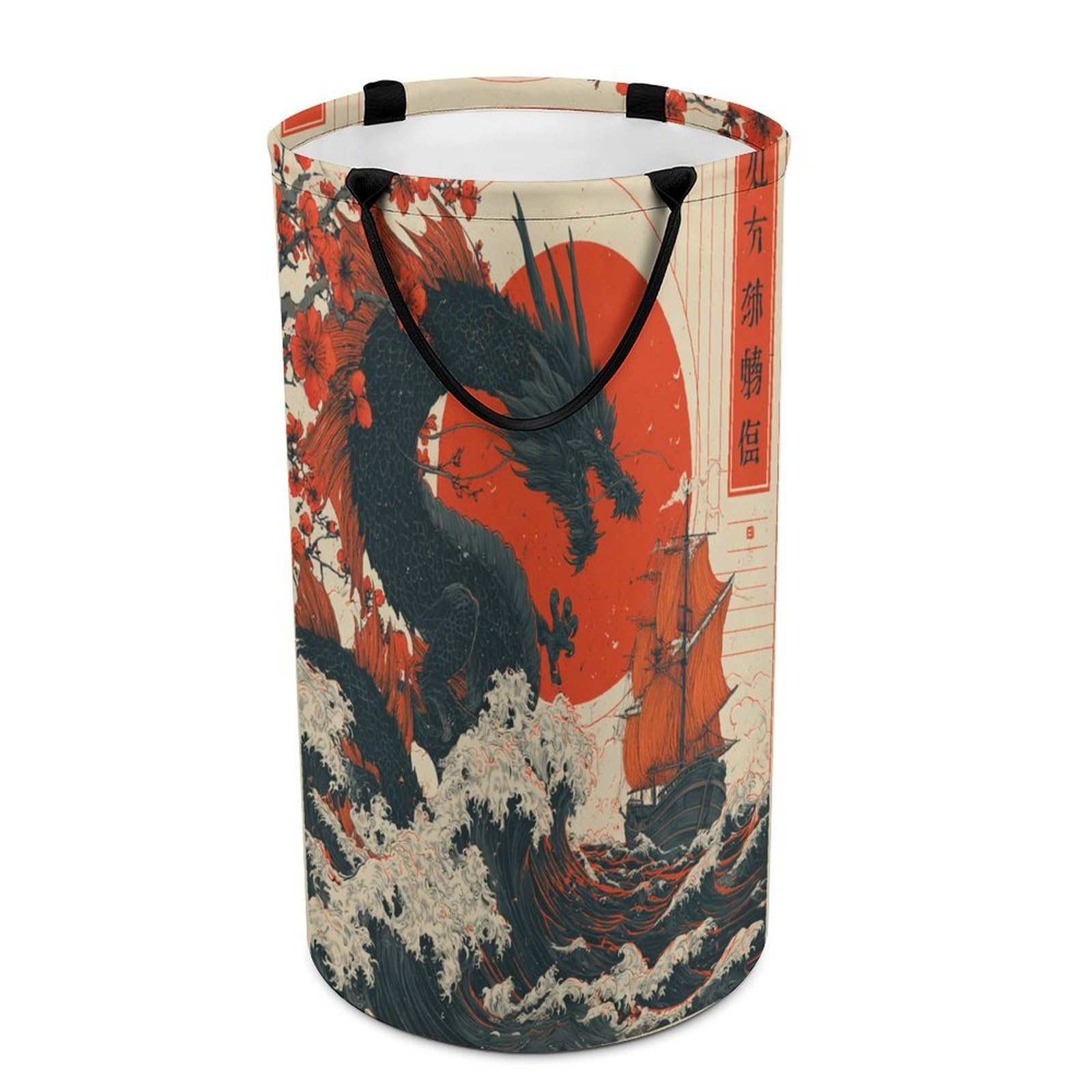 LUYYSKY Fantasy Retro Dragon Versatile Storage Laundry Basket, Rustic Japanese Red Sun Pirate Ship Ocean Waves Animal Dragon Large Bathroom Laundry Hamper With Handle-40 CM Dia, 69 CM High