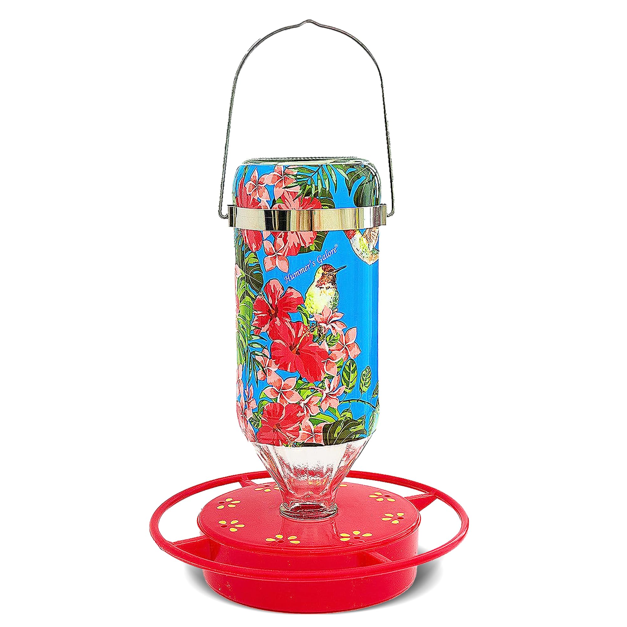 Hummer's Galore Hummingbird Feeders for Outdoors Hanging Ant and Bee Proof, Glass, 16 OZ, Tropical Blue Sky Flower Design