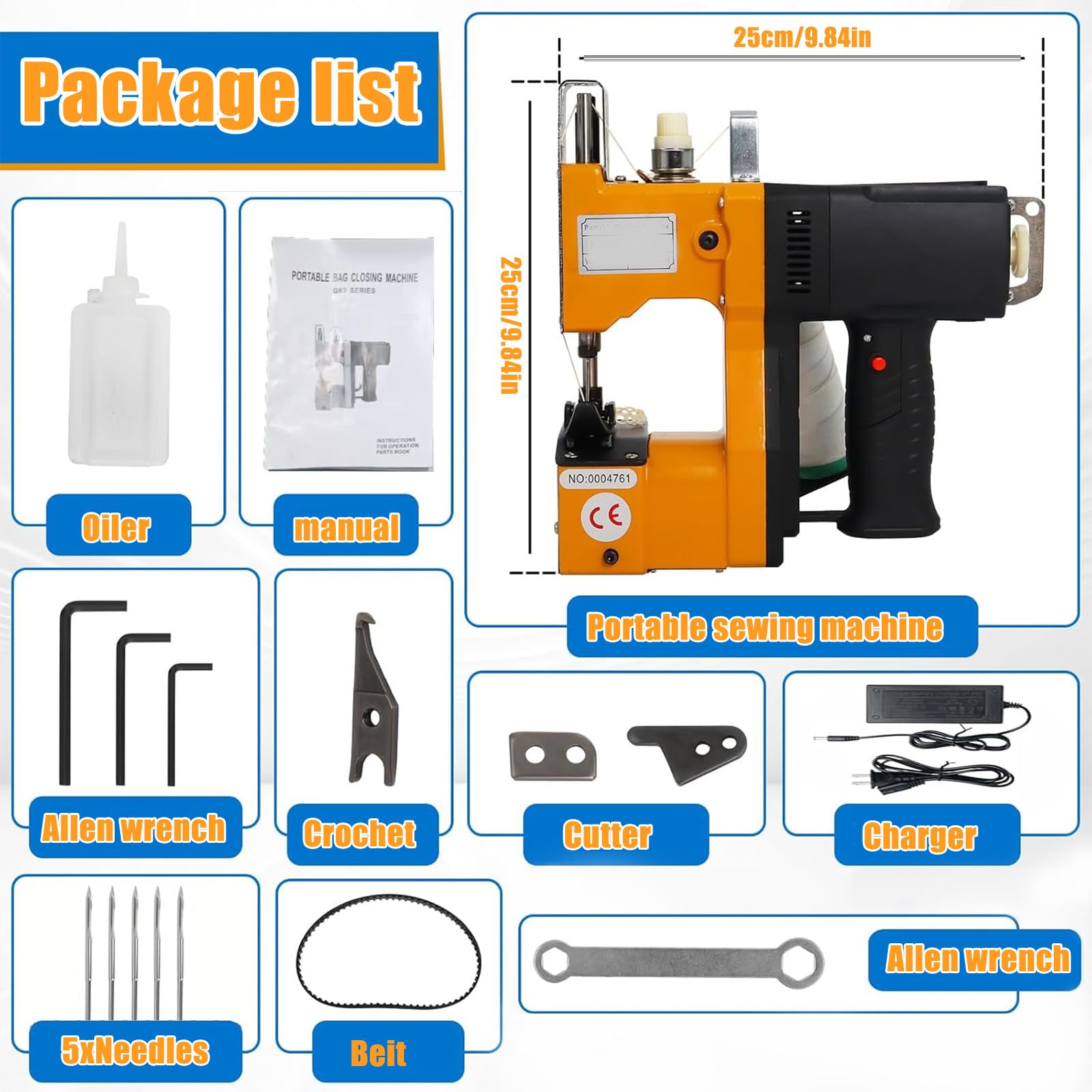 190W Máquina de Coser Sacos, Máquina de Coser Lonas,2 Segundos/Bolsa, Máquina de Cerrar Bolsas Sellador de Bolsas para Saco/Tejido/arroz/Papel/Bolsas de plástico,