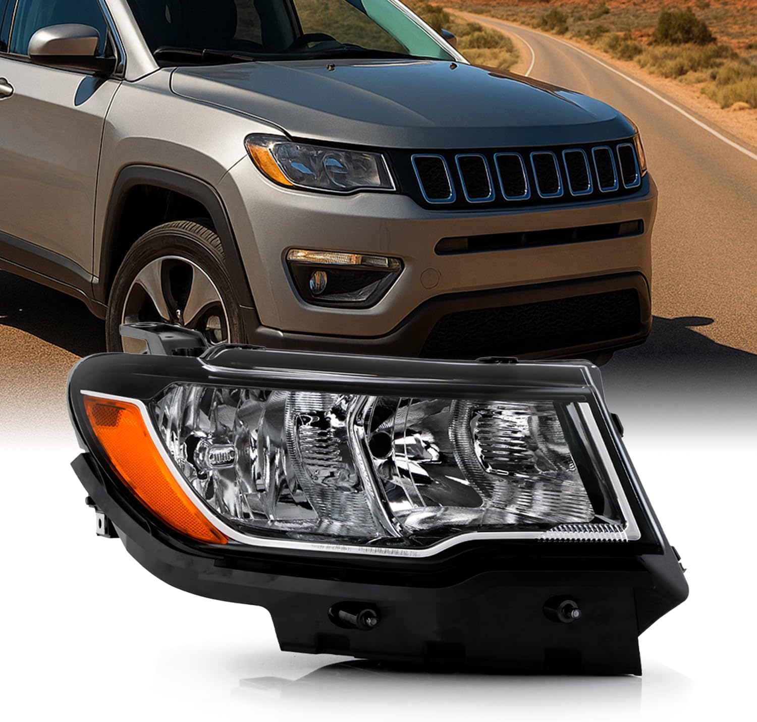 AKKON - Fits 2017-2022 Jeep Compass Halogen OE Style Headlights - Passenger Right Black Housing Replacement