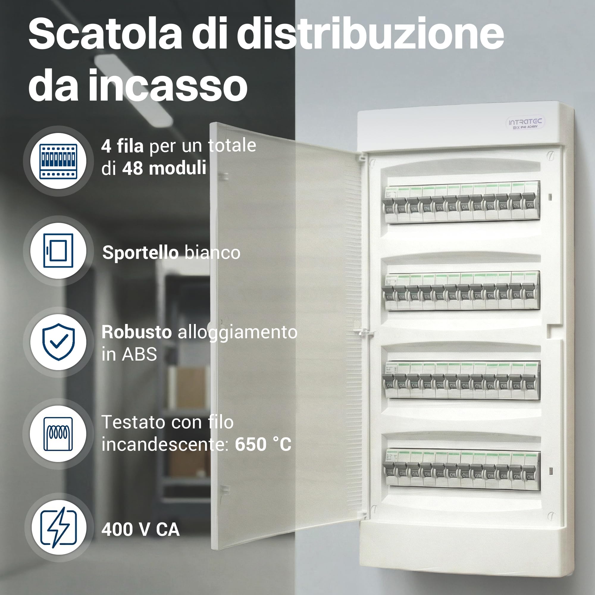 Intratec Quadro Elettrico Incassato 4 Righe – Quadro di Distribuzione IP40 per 48 Moduli con Porta Bianco e Guide per Facile Installazione Elettrica in Casa e Azienda – 676 x 283 x 106mm