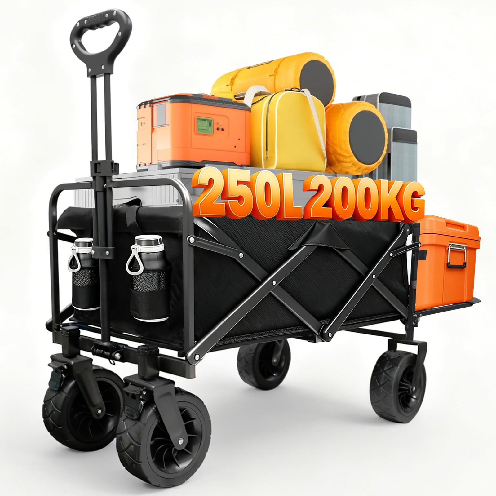 Sanycasa Bollerwagen faltbar 250L 200KG Tragkraft Gelände Strand geeingenet Bollerwagen mit Bremsen robuster verstellbarer Griff mit Transporttasche, Extra Länge mit klappbarem Heckfenster, Schwarz