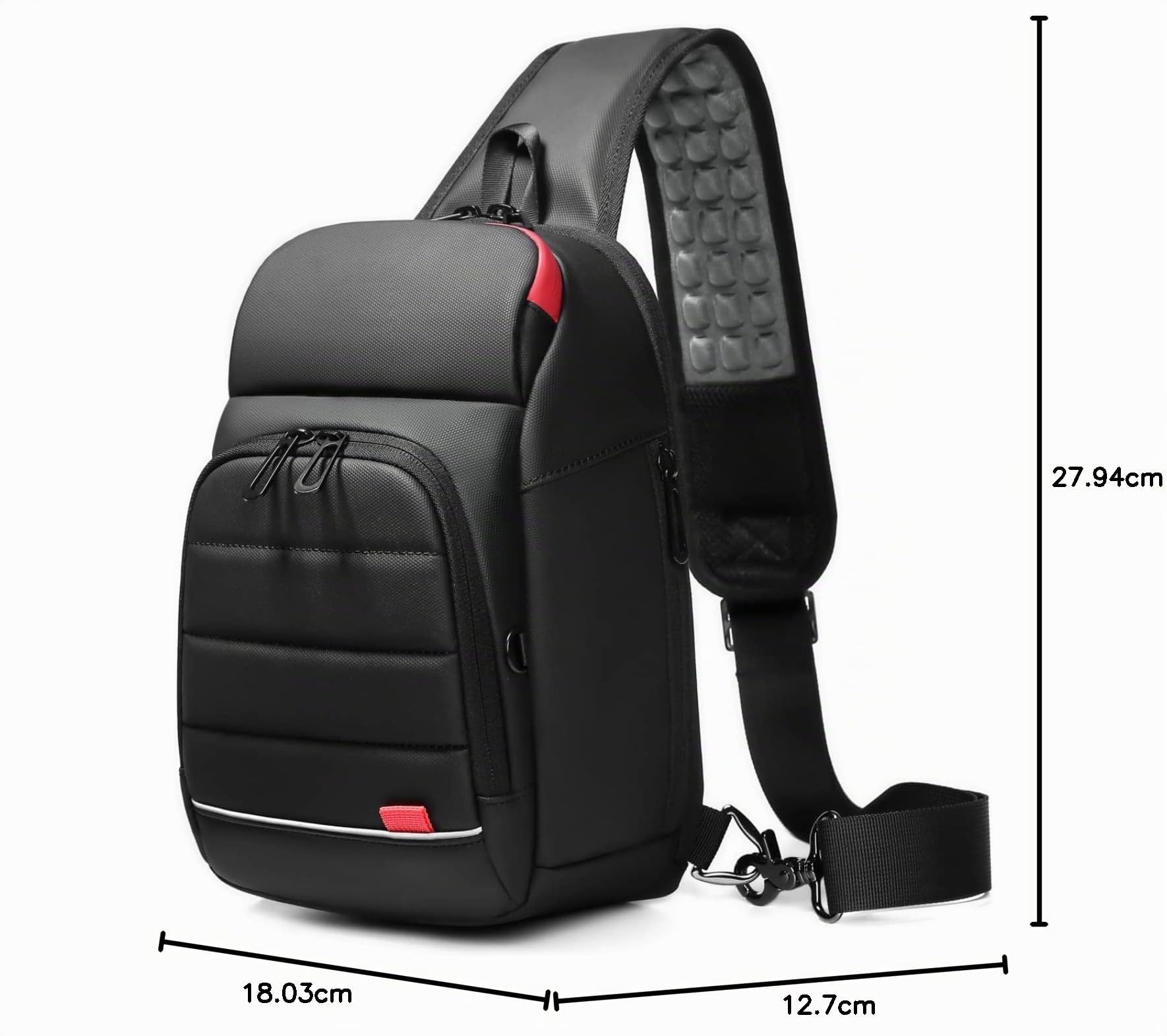 Mochila Cruzada Hombre Bolso Pecho Impermeable 7,9" Bandolera Cruzada con USB Bolso Práctico Para Viaje Deporte Oficina Unversidad-Negro