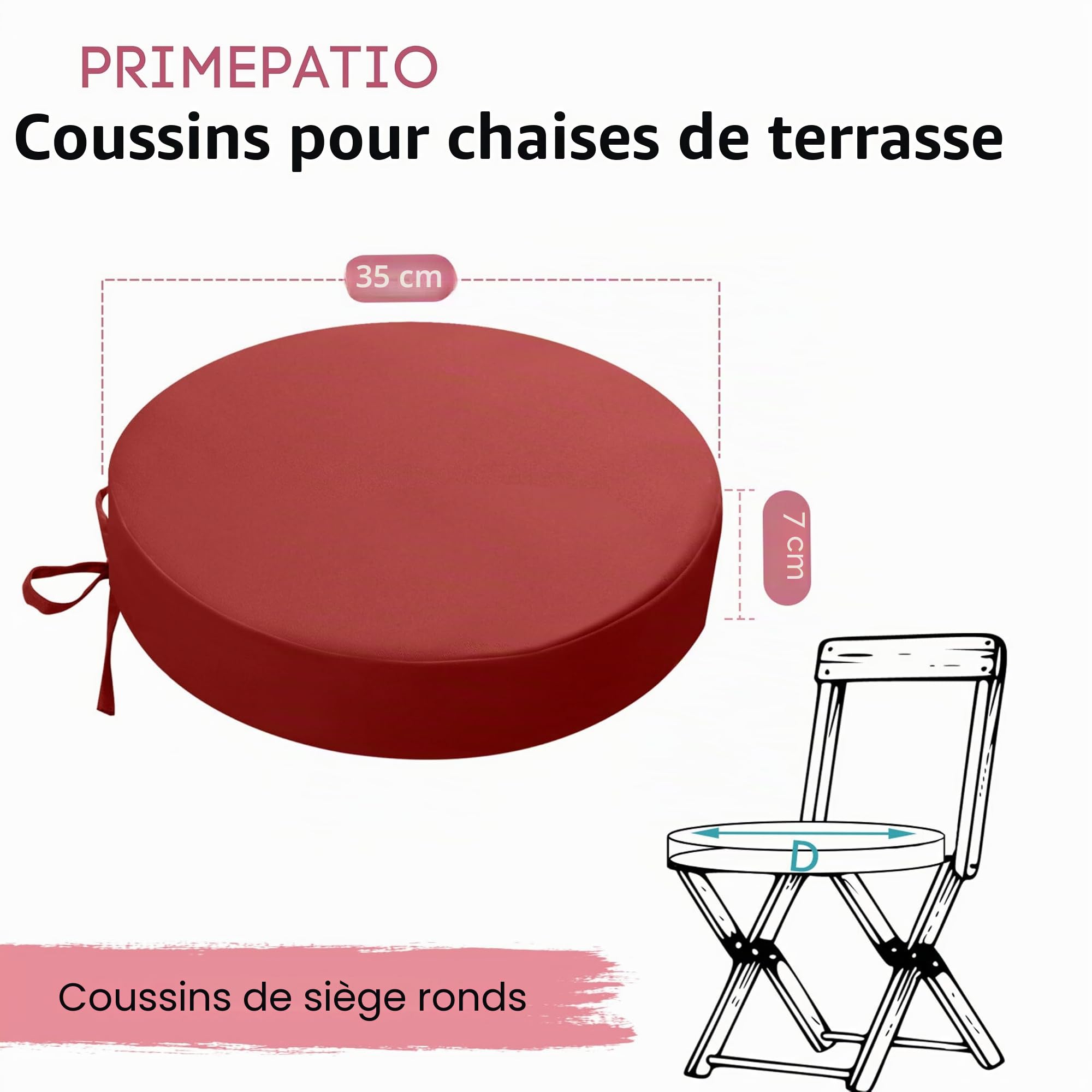 Lot de 2 coussins de chaise d'extérieur ronds imperméables pour extérieur, grand teint, avec rubans, pour meubles de terrasse, 35 x 35 cm, bleu (rouge, 35 x 35 x 7 cm)