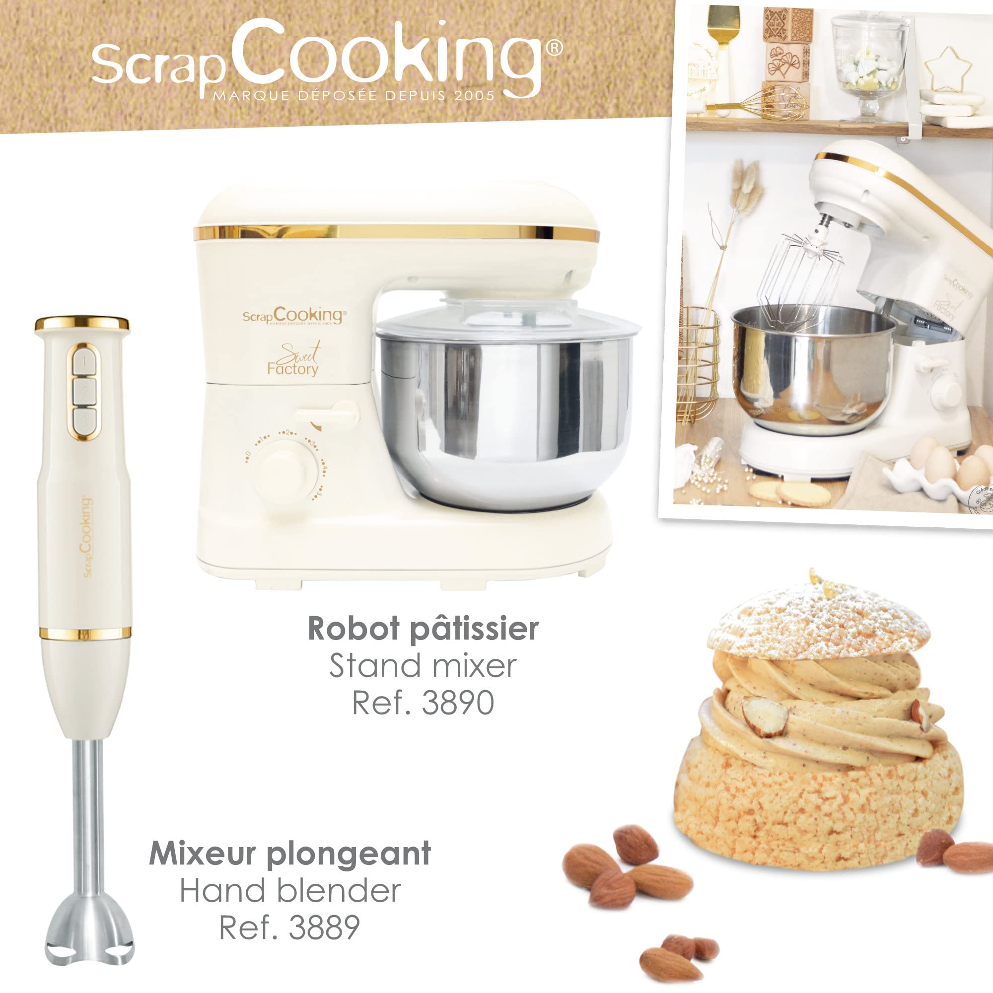 SCRAP COOKING Mixeur Plongeant Multifonctions 3-en-1 : Blender, Fouet & Hachoir Électrique - Mixer Batteur Plongeur avec Accessoires - Pour Pâtisseries, Crèmes, Smoothies, Sauces - Mat & Doré - 3889