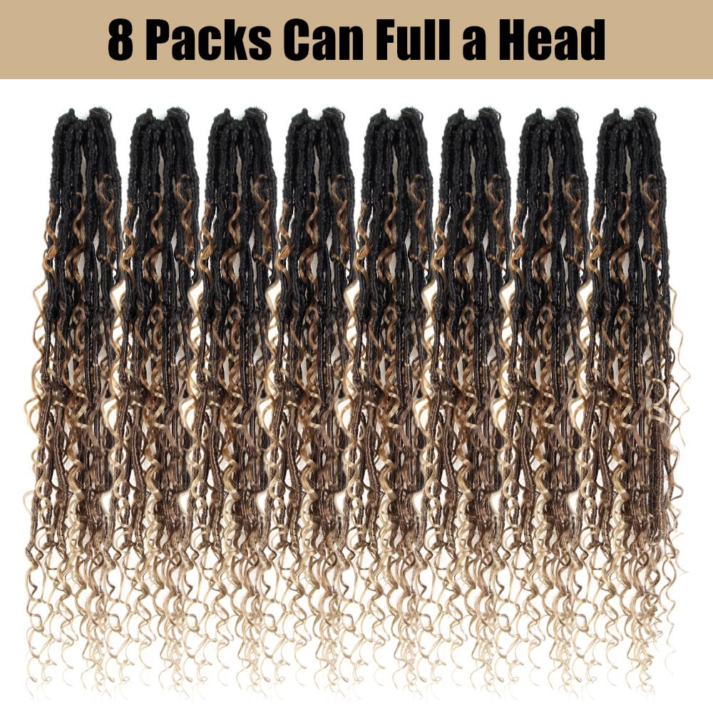 Boho Goddess Faux Locs Crochet Hair 18 Inch 8 Packs Distressed Soft Locs Pre Looped Crochet Braids with Curly Ends (80 Strands, 1B/30/27)