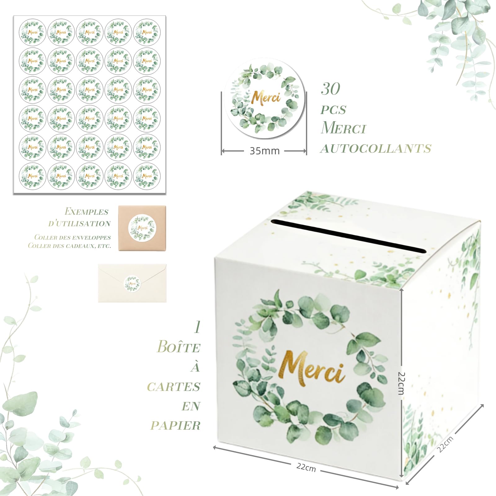 Caja de tarjetas de boda +30 piezas gracias pegatina, urna boda cartón blanco, caja de sobres de tarjetas, para boda, bautizo cumpleaños (22 cm)