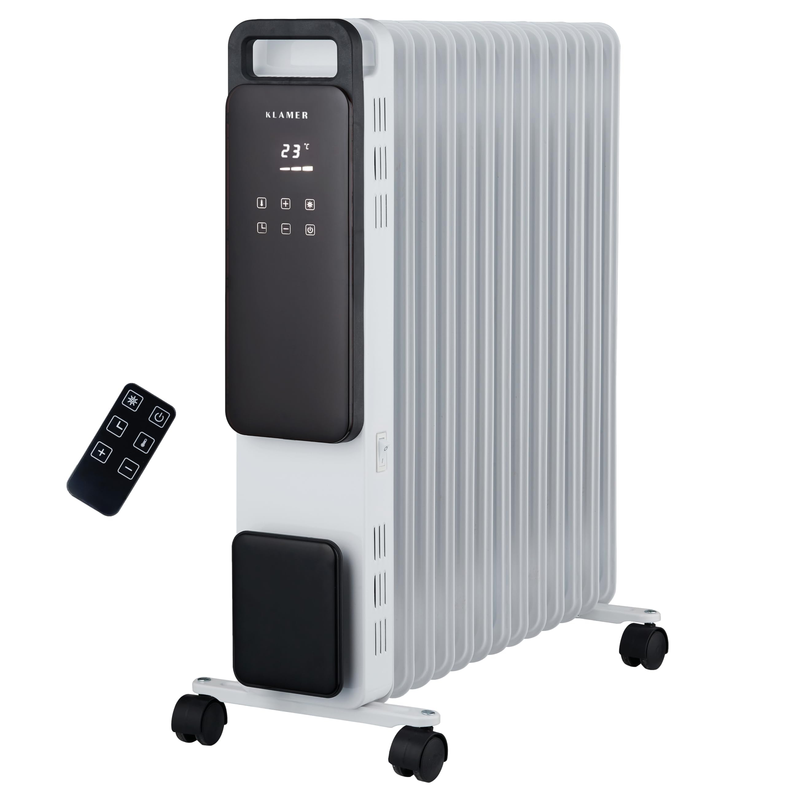 KLAMER Ölradiator 2500 W, Elektroheizung energiesparend, 13 Rippen, 3 Heizstufen mit Eco-Modus, 24h Timer, Thermostat, Überhitzungs- & Kippschutz, mit Fernbedienung, für Innenräume, weiß