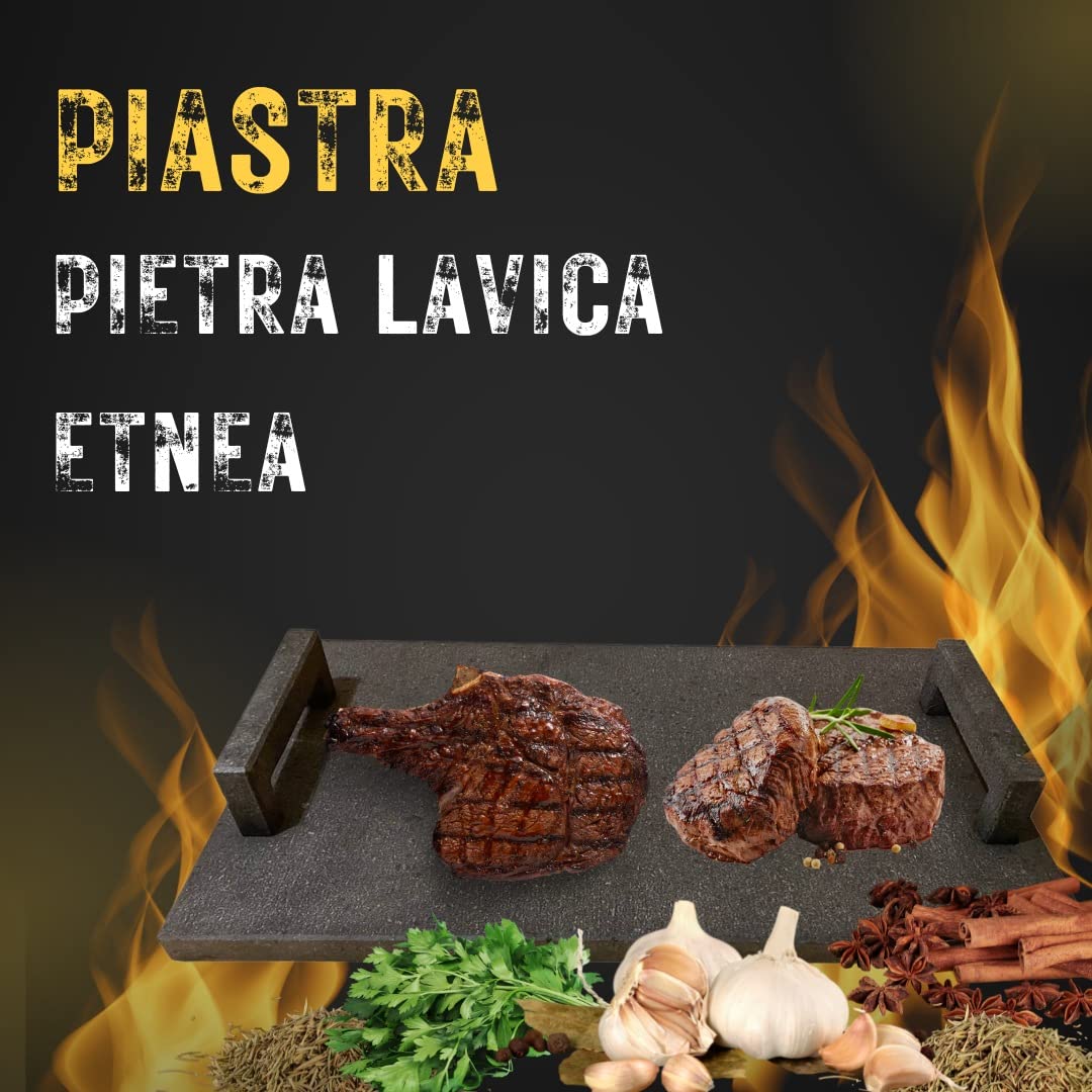 Petrantiqua® Piastra Refrattaria Artigianale Barbecue in Pietra Lavica Etna con Manici Ruvida Ottima per Carne Pesce Verdure Pane e Pizza (60x40 Cm Spessore 2 Cm)