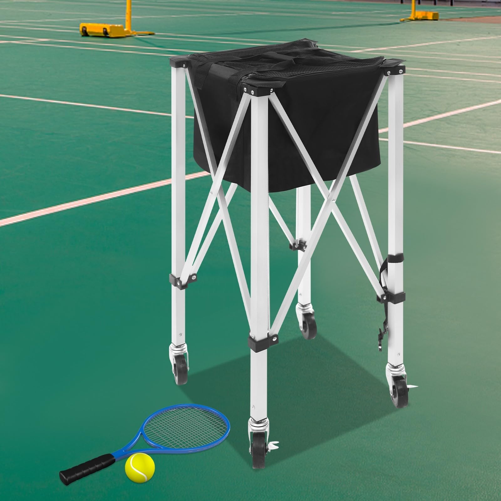 Panier à balles de tennis pliable avec roues pour balles de 150 à 170 balles en aluminium Oxford pour courts de tennis, écoles, parcs à la maison, avec poignée de transport pratique