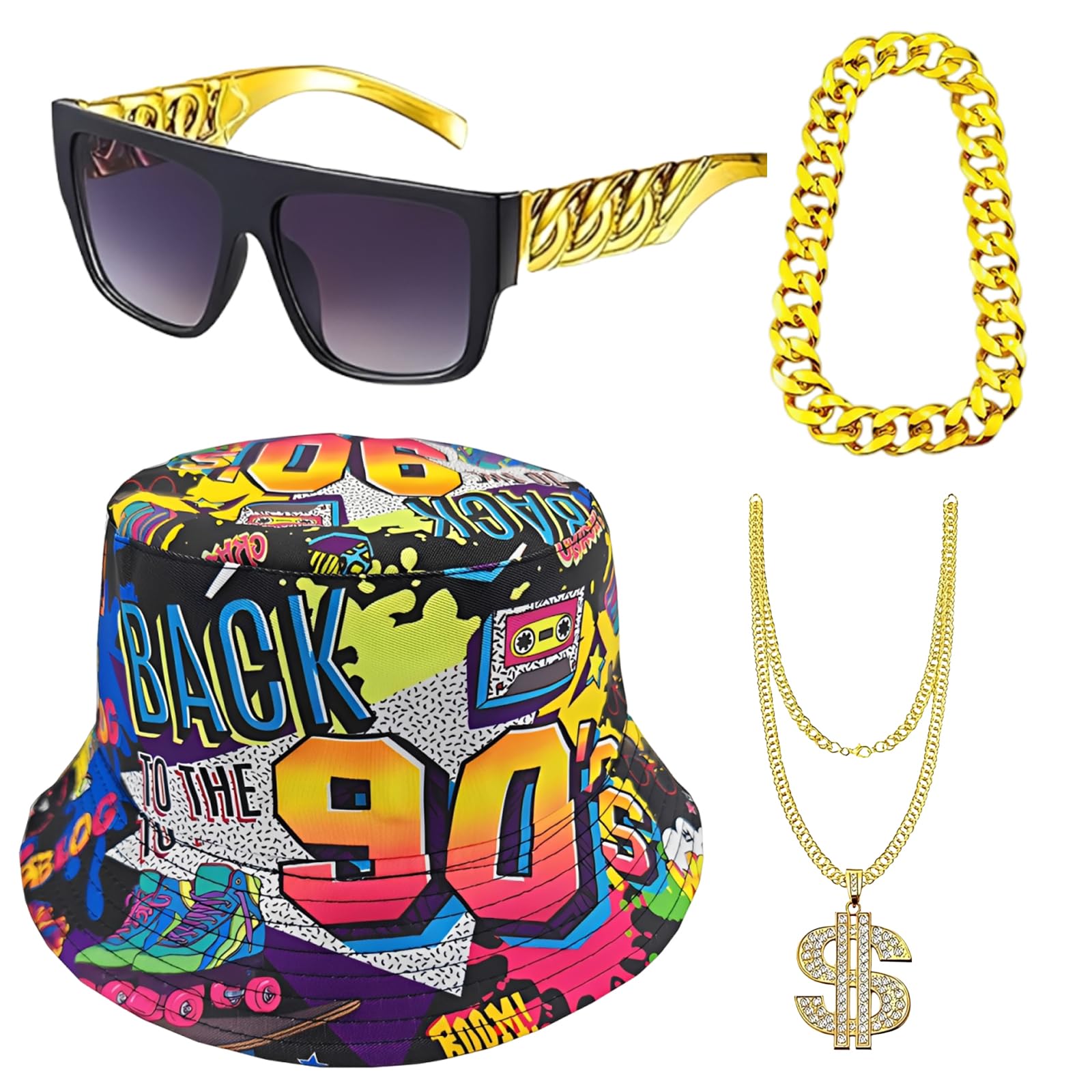 Hip Hop Gold Chain 90s Fancy Dress Men, Retro 90s Style Costume Set with Gold Accessories, Ideal for Themed Parties and Streetwear Outfits, 4-Piece Set Excluding Rings, Unisex Fashion Ensemble
