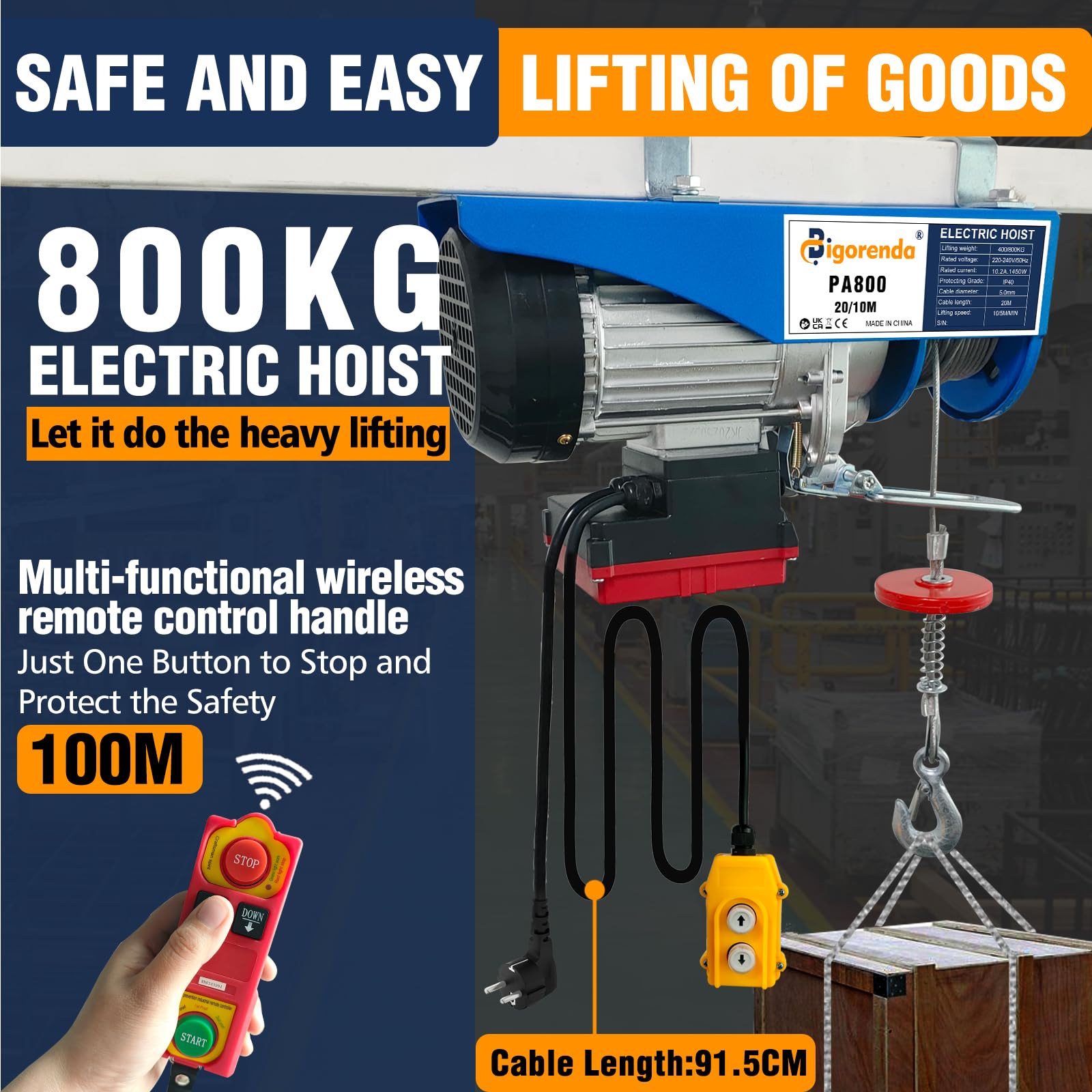 230V Elektrische Seilwinde 800kg, 2-in-1 mit kabelloser und kabelgebundener Fernbedienung, Einzel/Doppelschlingen, Hubhöhe 20m
