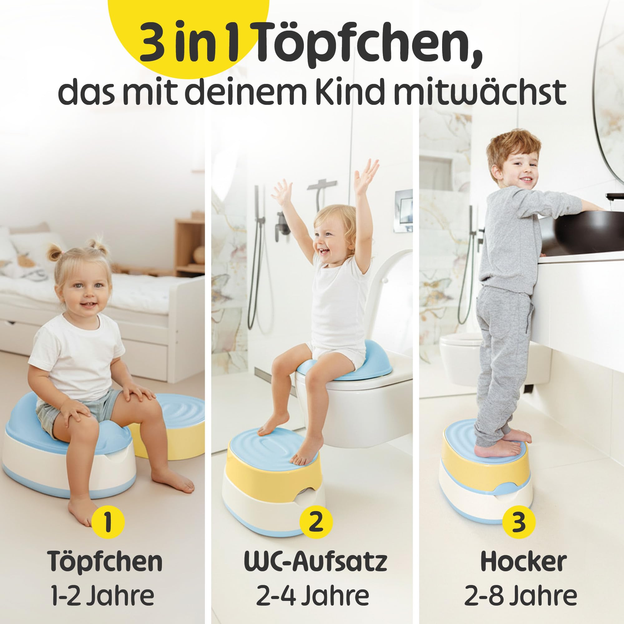 Merle Toys Vasino 3 in 1 per bambini, WC testato TÜV, senza BPA, per bambini a partire da 1 anno, WC per bambini + sgabello, Easy Cleaning, blu/giallo