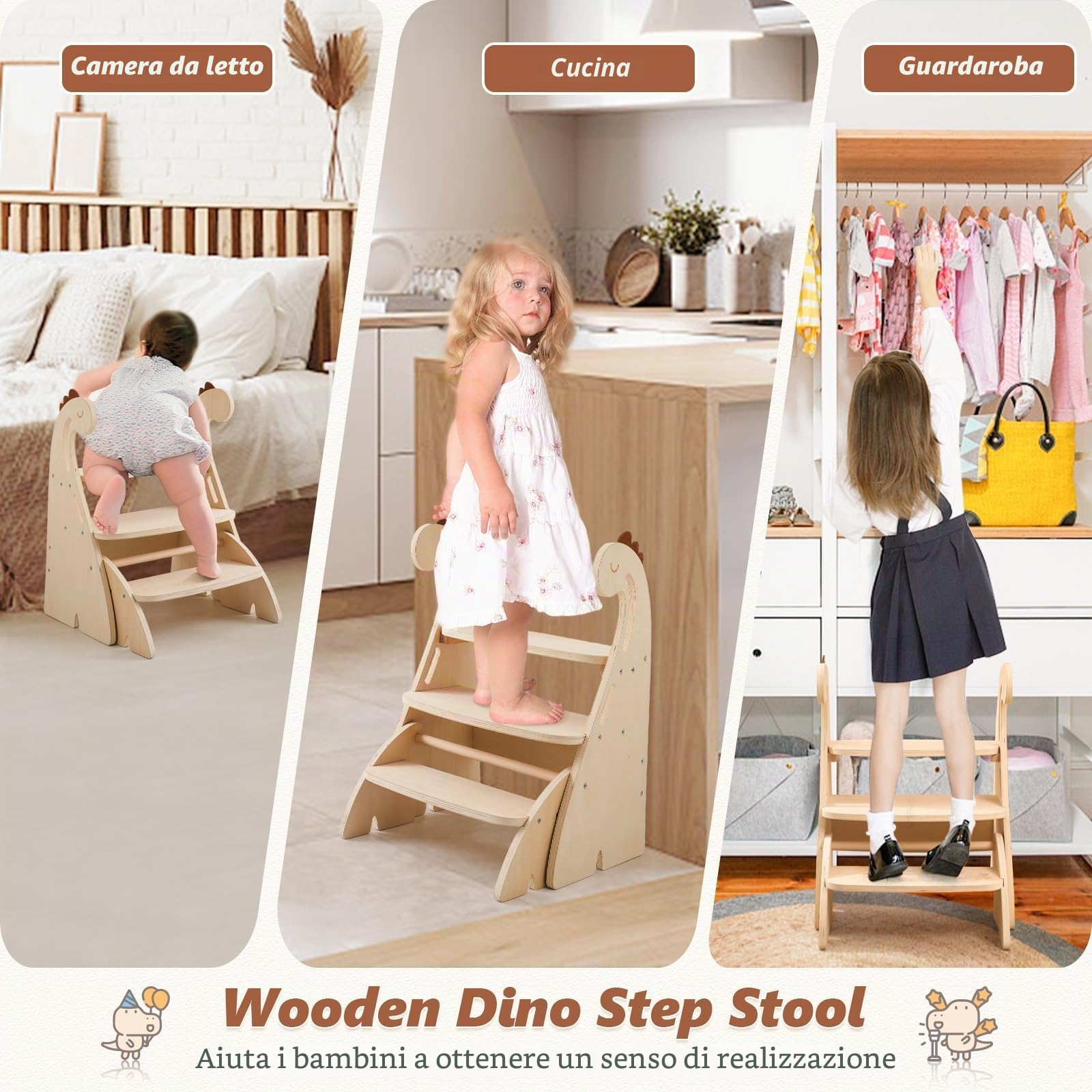 Torre apprendimento Montessori Torre Montessoriana Bambini3 gradini sgabello legno bambini, Dinosauro Torre pieghevole contro altezza regolabile sedia bambini legno sgabello pieghevole