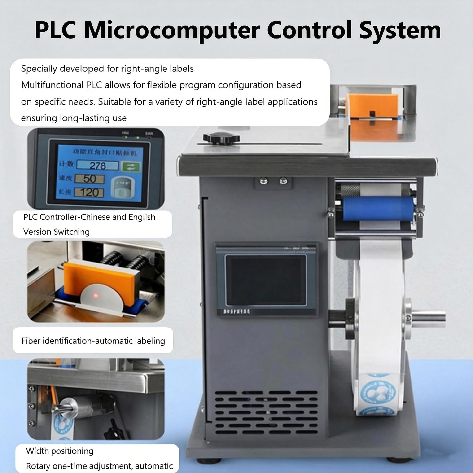 Etichettatrice semiautomatica, applicatore di etichette angolari a 90 gradi con controllo PLC, touch screen, precisione ±0,5 mm, 15-30 pezzi/min, per cosmetici, elettronici, imballaggi alimentari